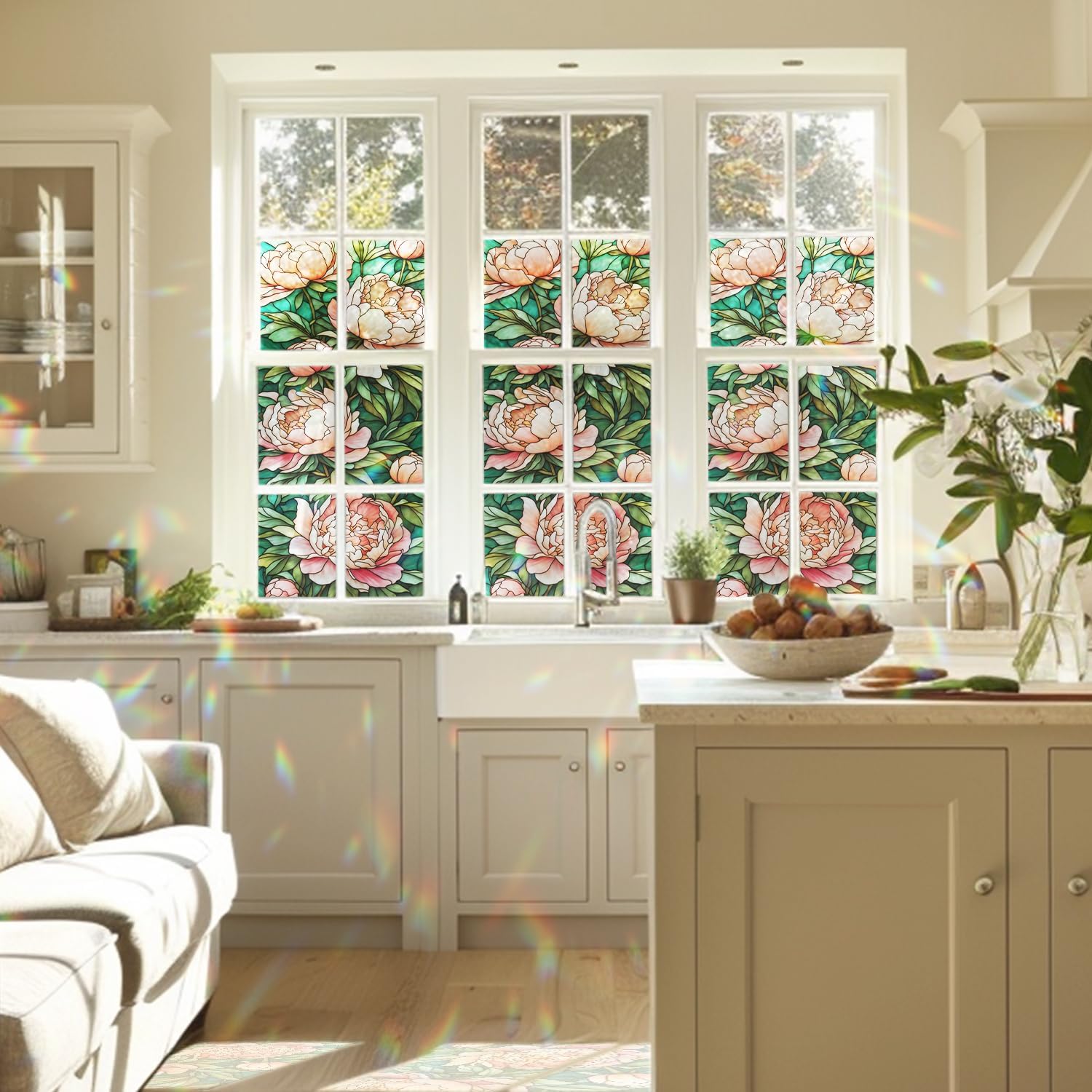 Decorative Peony Stained Glass Window Film, Peony Stained Glass Window Film for Bathroom Shower Door Heat Anti UV