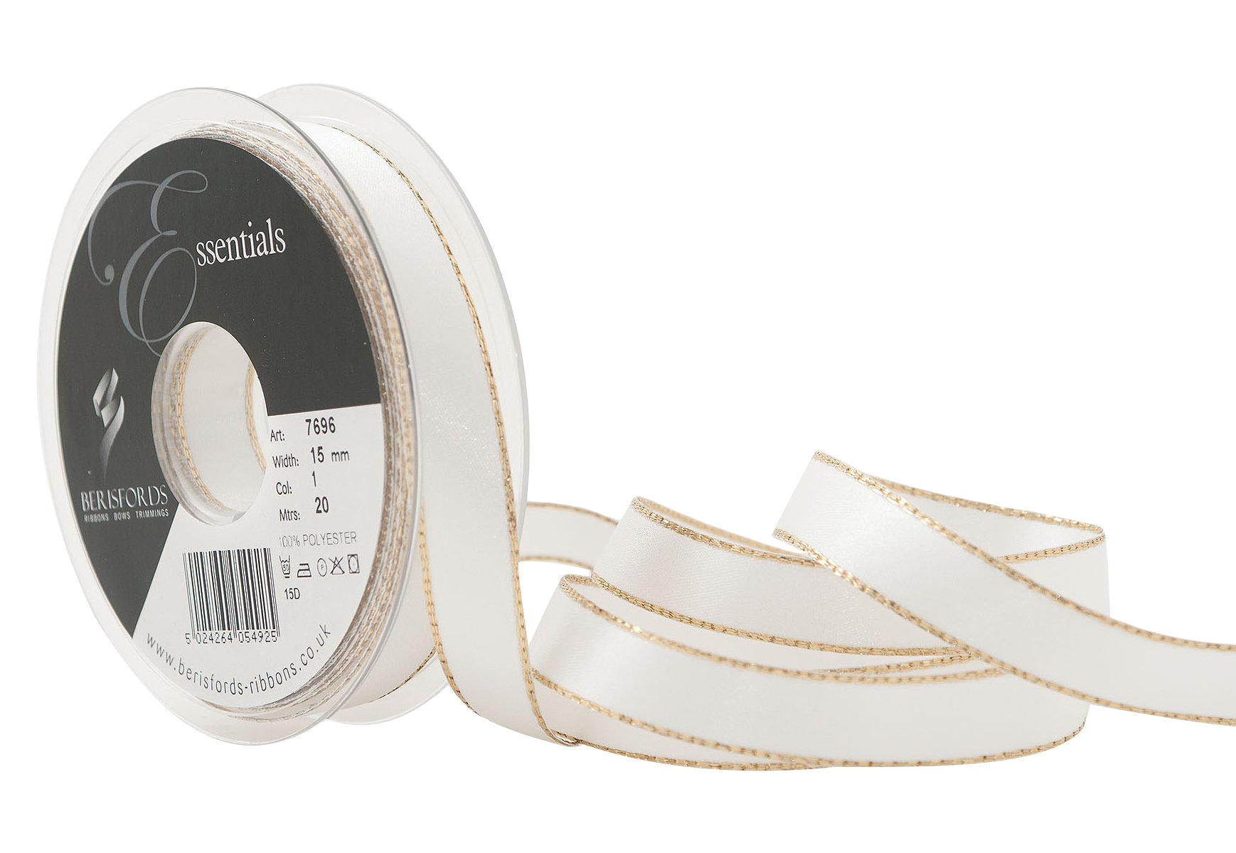 Berisfords 15 mm Polyester Yarn Gold Edge Satin Ribbon, White