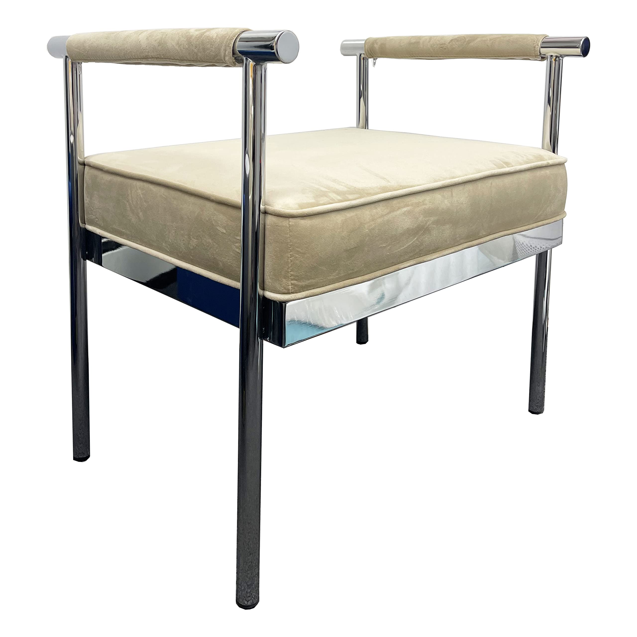 First of a Kind Modern champagne Seating Bench with arms, Modern Style Velvet upholstered Entry Way champagne Bench with Silver Frame, Seating Bench for Living Room, entryway, Bedroom, Vanity, Office.