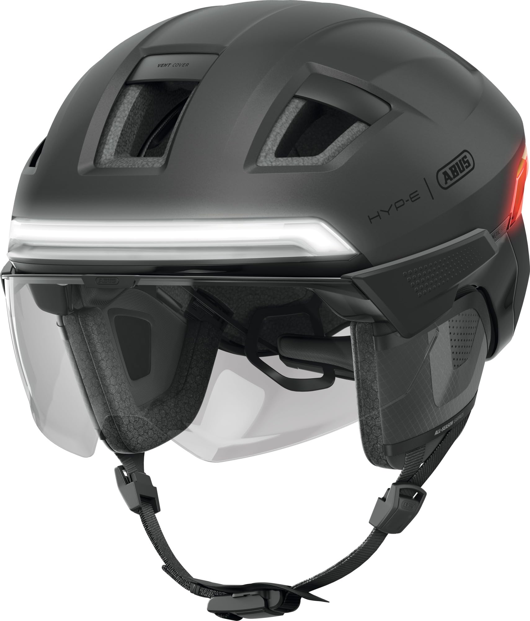 ABUS HYP-E Ace Bike Helmet - with Front Light, Rear Light and Indicator Light - with Visor and Earmuffs - Also Suitable for e-Bikes and S-Pedelecs - for Men and Women - Size S, Silver