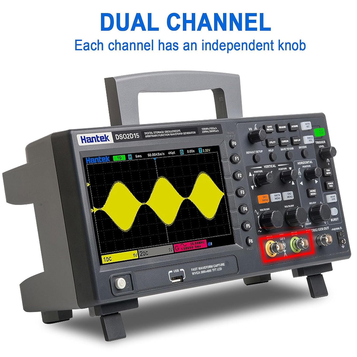 Hantek DSO2D15 showing dual channel input