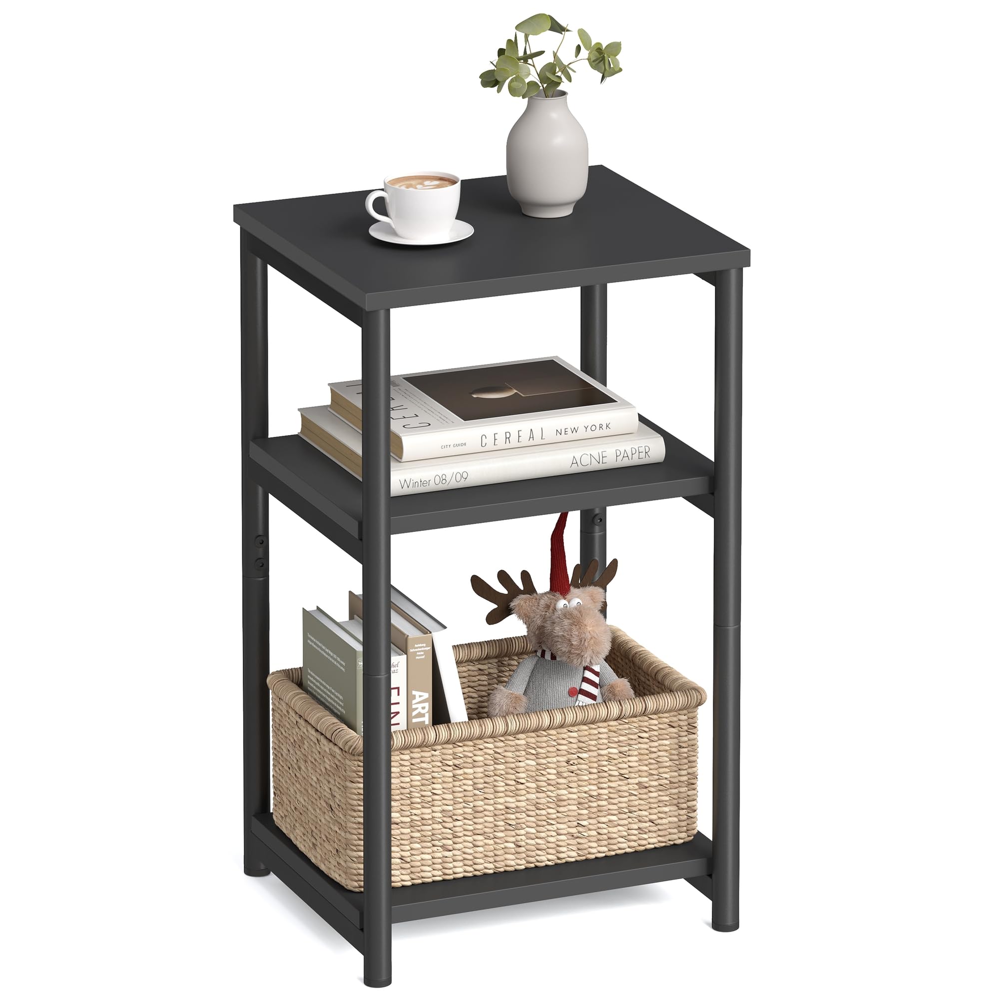VASAGLE Sofa Side Table, 3-Tier End Table, Bedside Table with Steel Frame, for Living Room, Bedroom, Home Office, Industrial Style, Ink Black LET273B16