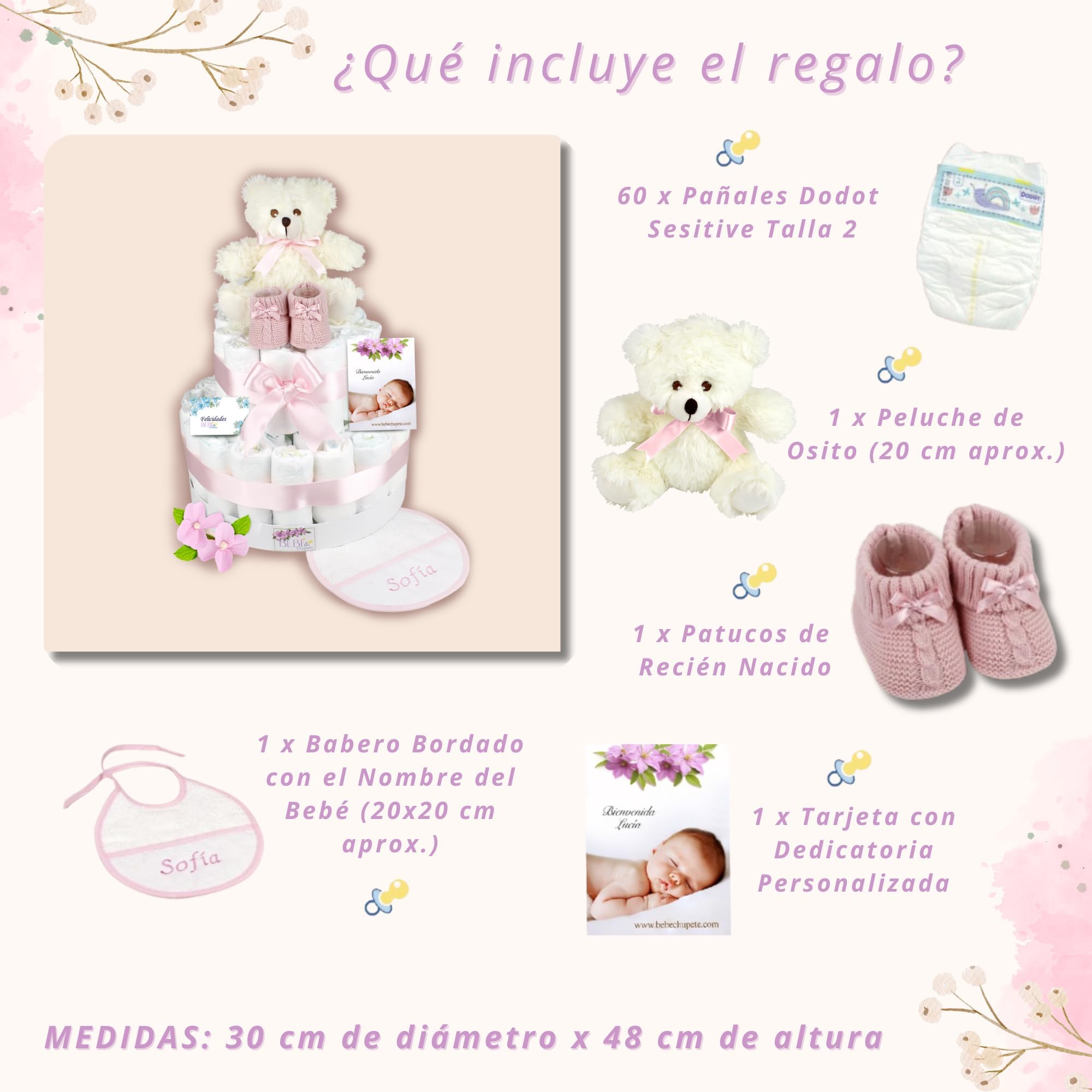 BEBÉCHUPETE Tarta de Pañales DODO T 60 Pañales- Pañales Recién Nacido Sensitive Talla 2 de 4 a 8 kg, Tarta Pañales Bebe con Babero Bordado con Nombre, Regalo Bebe Recien Nacido, Canastilla Bebe (Rosa)