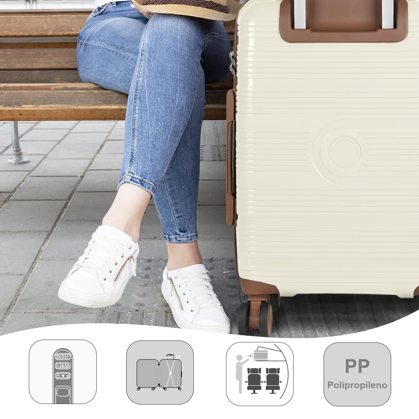 MERCURY TEXTIL- Maleta de Viaje de Cabina con Cierre de Seguridad, Equipaje de Mano Rígido y Resistente de Polipropileno con Ruedas Dobles Giratorias 360º, PP Suitcase. (Esquina Hueso)