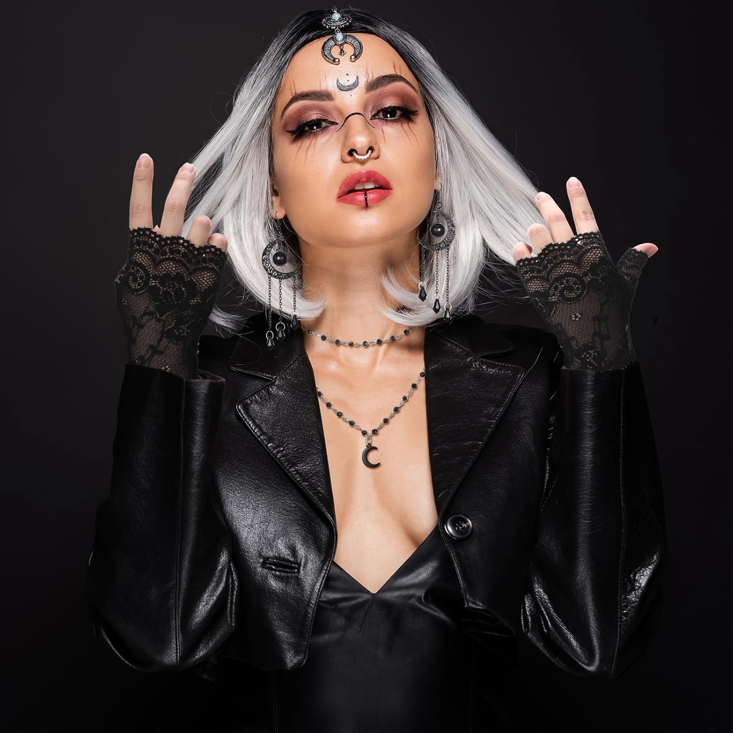 Tondiamo Gothic Witch Accessories Include Layered Necklace Black Crescent Moon Necklace Moon Earrings Short Lace Gloves for Gothic Costume Halloween New Year Jewelry for Women - Image 2