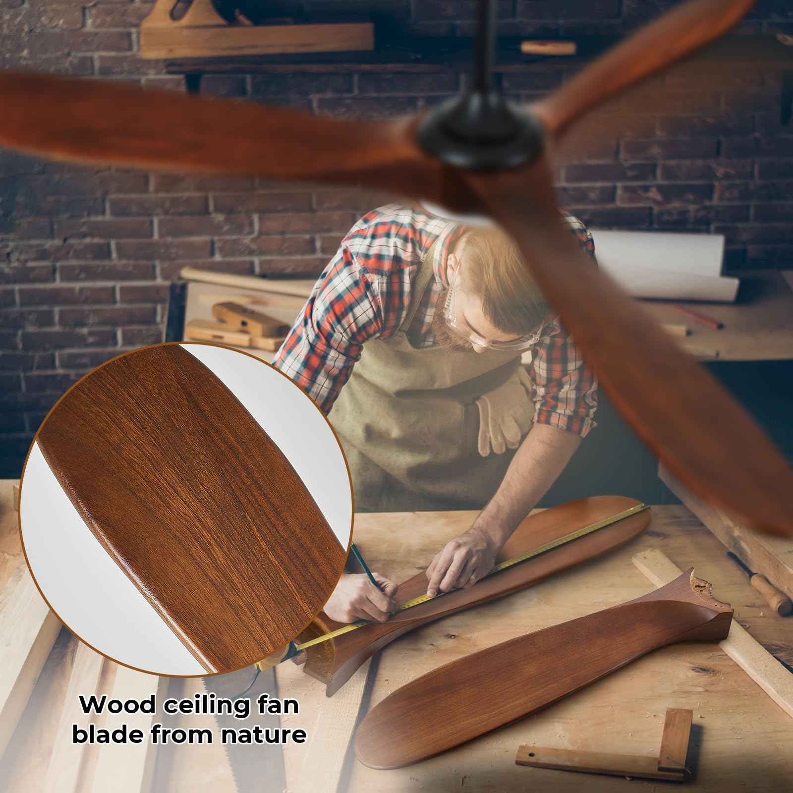 ABZ 52 Solid Wood Ceiling Fan Outdoor 3 Blade No Light Walnut for Patio Living Room Bedroom Porch — view 9