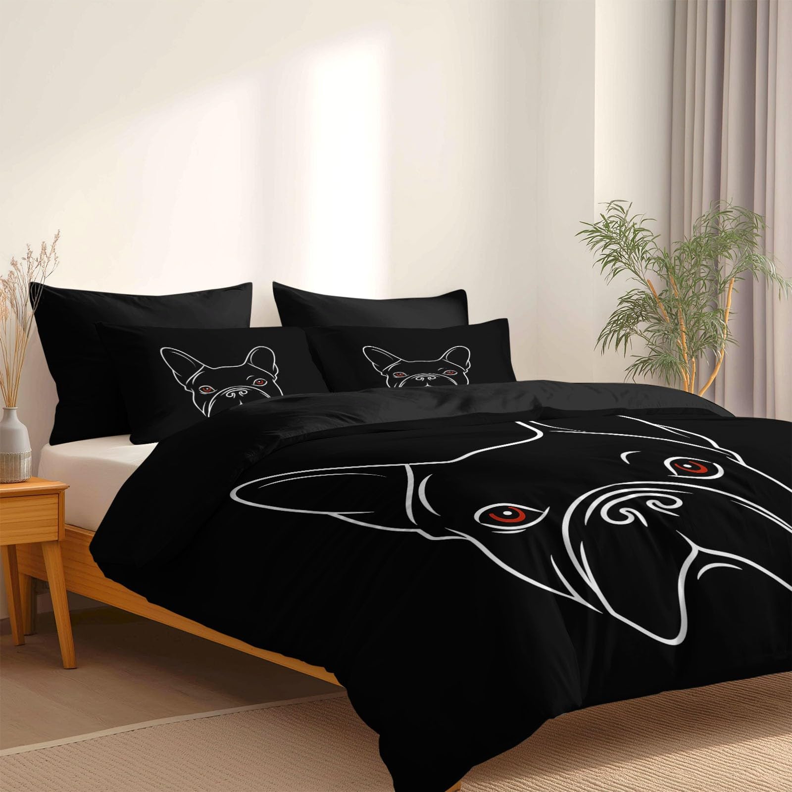 Generisch Minimalistische Linie 3-teiliges Bettwäsche-Set, 1 Bettbezug 240 x 220 cm und 2 Kissenbezüge 80 x 80 cm, Schwarz, Haustier Hund Textur, Pflegeleicht, Erwachsene, Schlafzimmer