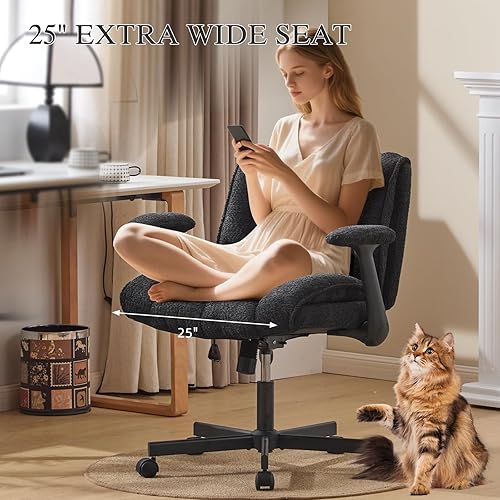 Miniatura 3 de Silla de oficina con patas cruzadas con brazos y ruedas abatibles, silla de escritorio de asiento ancho con bolsa de aire dinámica integrada, silla