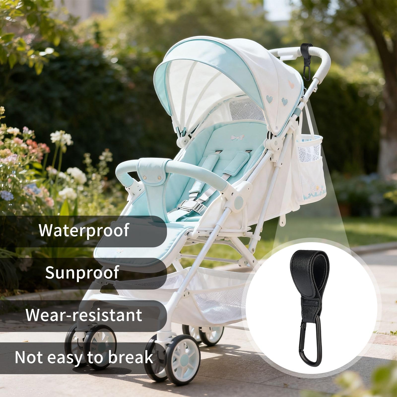 Gancio universale con chiusura in , pelle PU e struttura in alluminio, portata 25 kg per passeggino, sedia a rotelle e bagagli