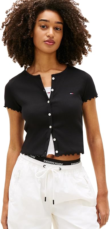 Women's Short Sleeve Cotton Ribbed Cardigan Top