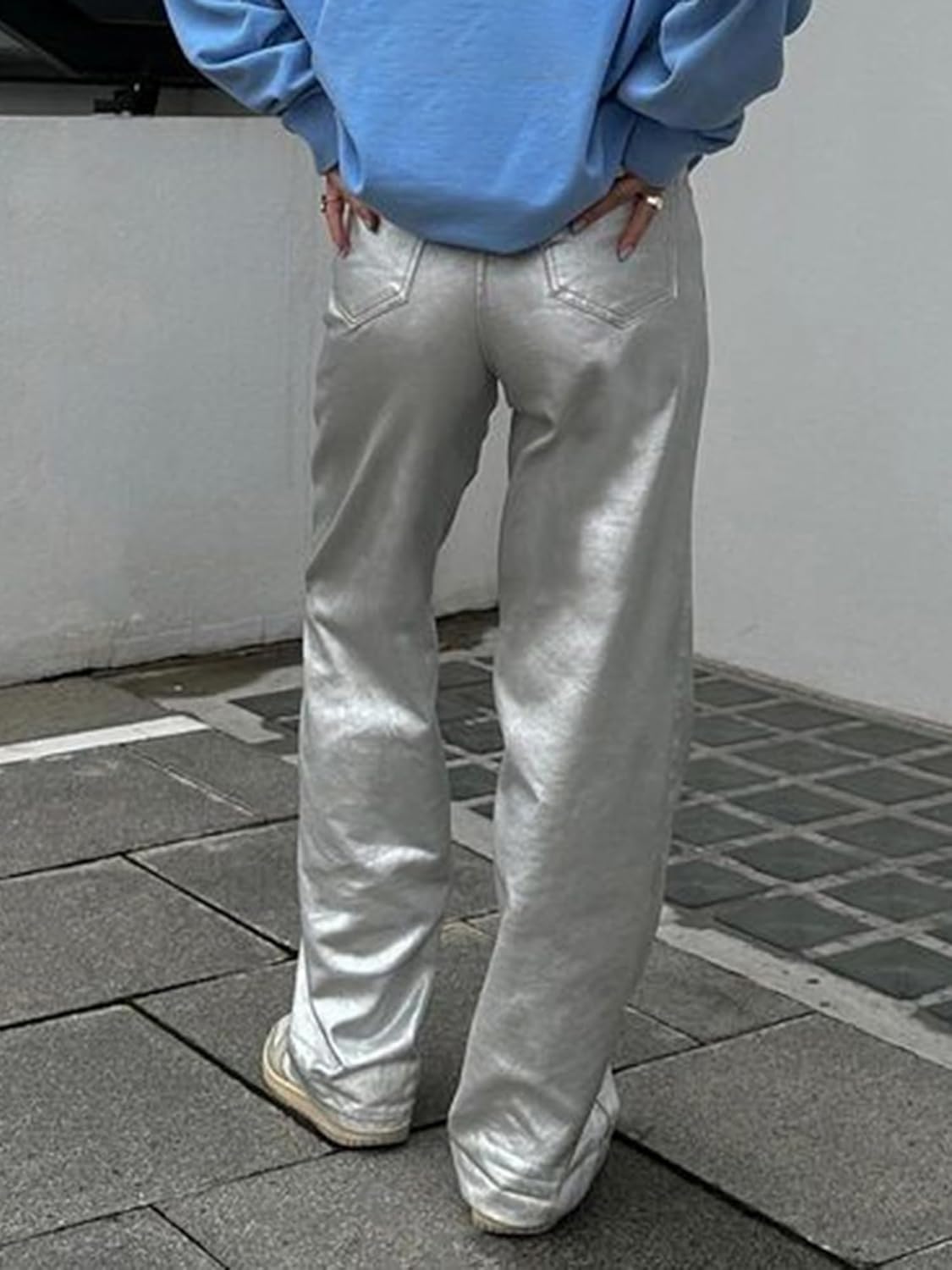 Women's Metallic Shiny Denim Pants Solid Color High Waist Disco Straight Leg Trousers for Party Dance - Image 6