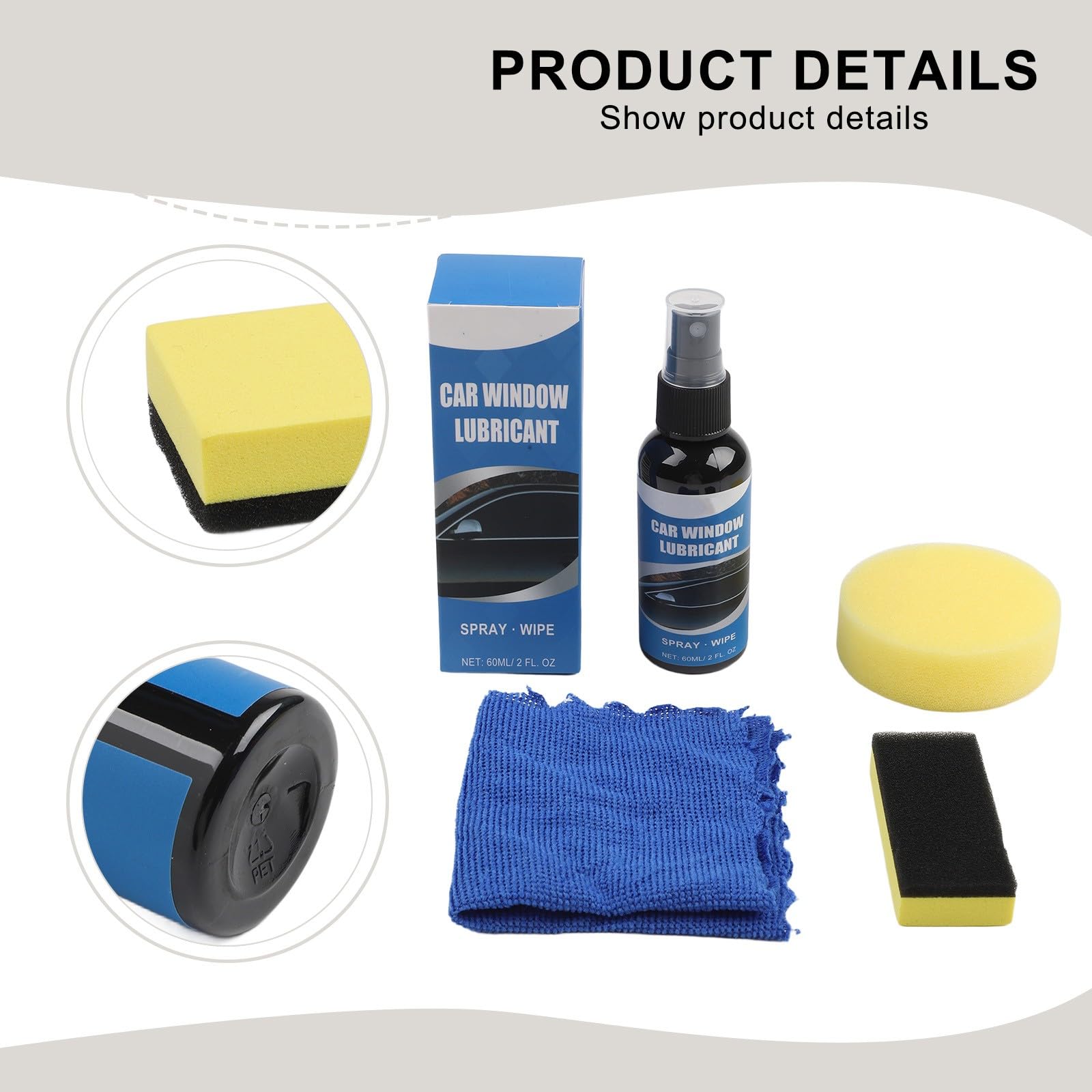 ZYWUOY Lubrifiant pour voiture, joint en caoutchouc, spray de réduction du bruit pour portes et toit ouvrant, kit de 60 ml avec serviette et éponges