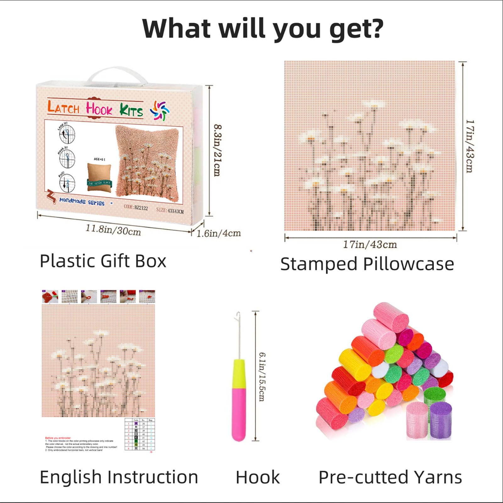 DIY Latch Hook Pillow Kits for Adults Little Wild Daisy Flowers Printed Pillowcase Crochet Yarns Hooking Handmade Pillow Cover Cushion for Home Sofa Decoration 17x17inch-3