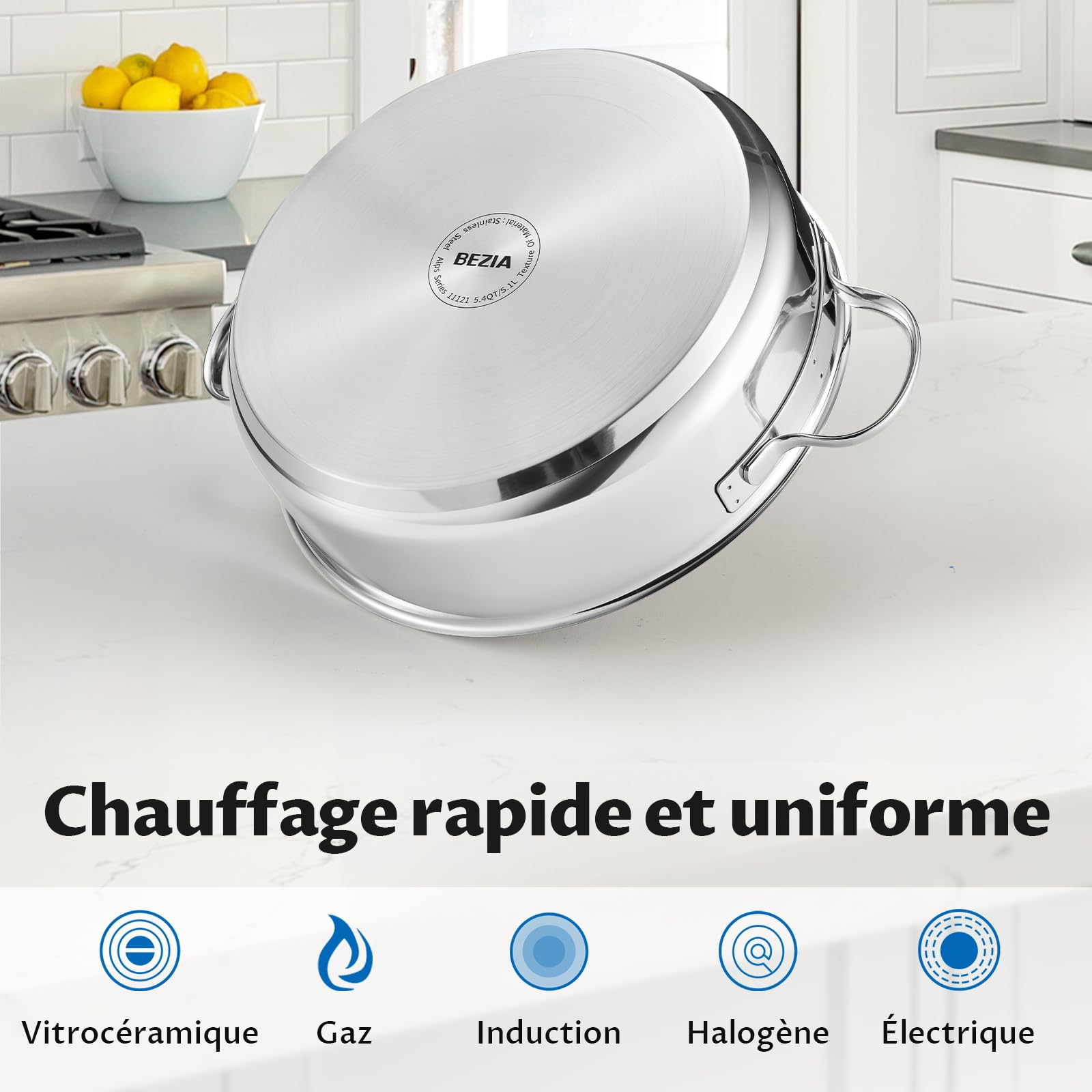 BEZIA Sauteuse Basse en Inox 18/10 de 28 cm | Faitout Bas avec Couvercle 5,1 L | Plat à Sauter Revêtement Antiadhésif Effet Pierre, Poêle de Service Tous Feux dont Induction, Résistant au Oven