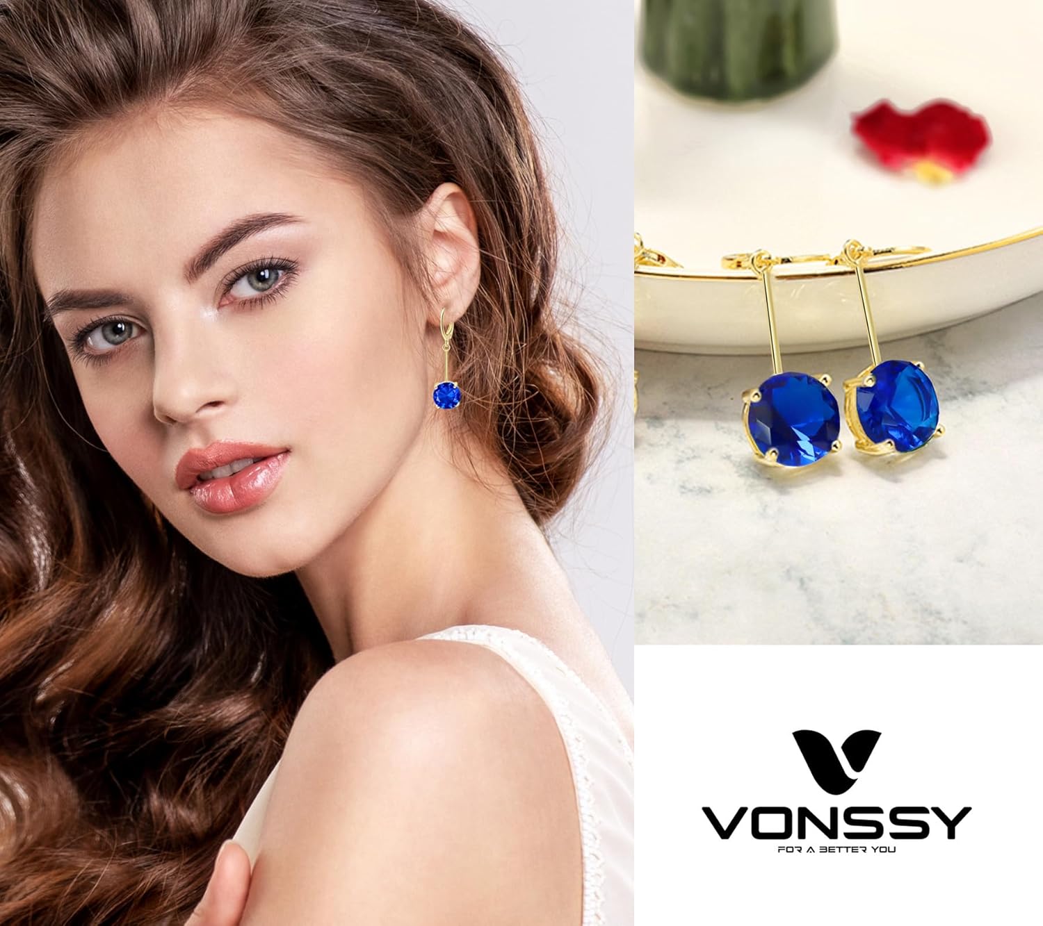 VONSSY Gemstone Drop Dangle Earrings | Platinum/Gold Plated Leverback Crystal Cubic Zirconia Hanging Red/Pink/Blue Earrings