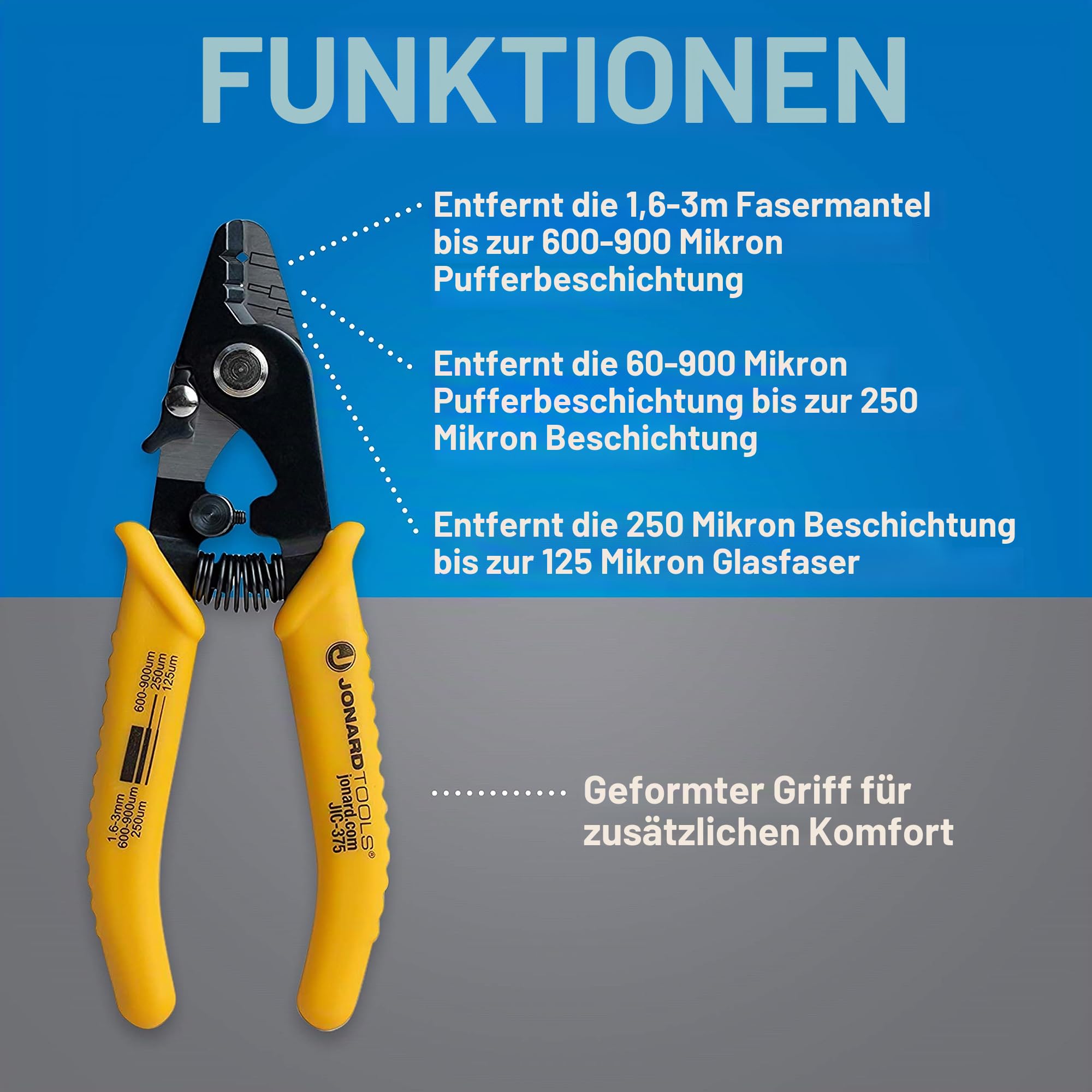 Jonard Tools JIC-375 Glasfaser-Abisolierzange 15,2 cm TPR-Griff 3 Löcher