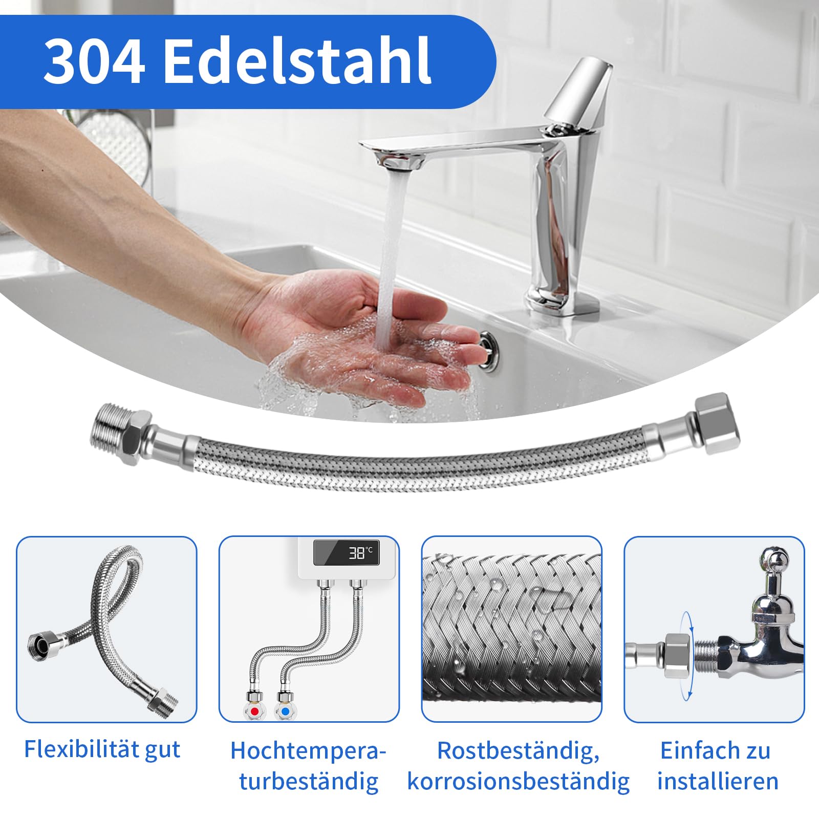 2 tubi flessibili da 3/8 pollici (60 cm: 30 + 30 cm), tubo corazzato in acciaio inox 304 con filettatura/filettatura esterna, flessibile per rubinetto, valvola angolare, cassetta di