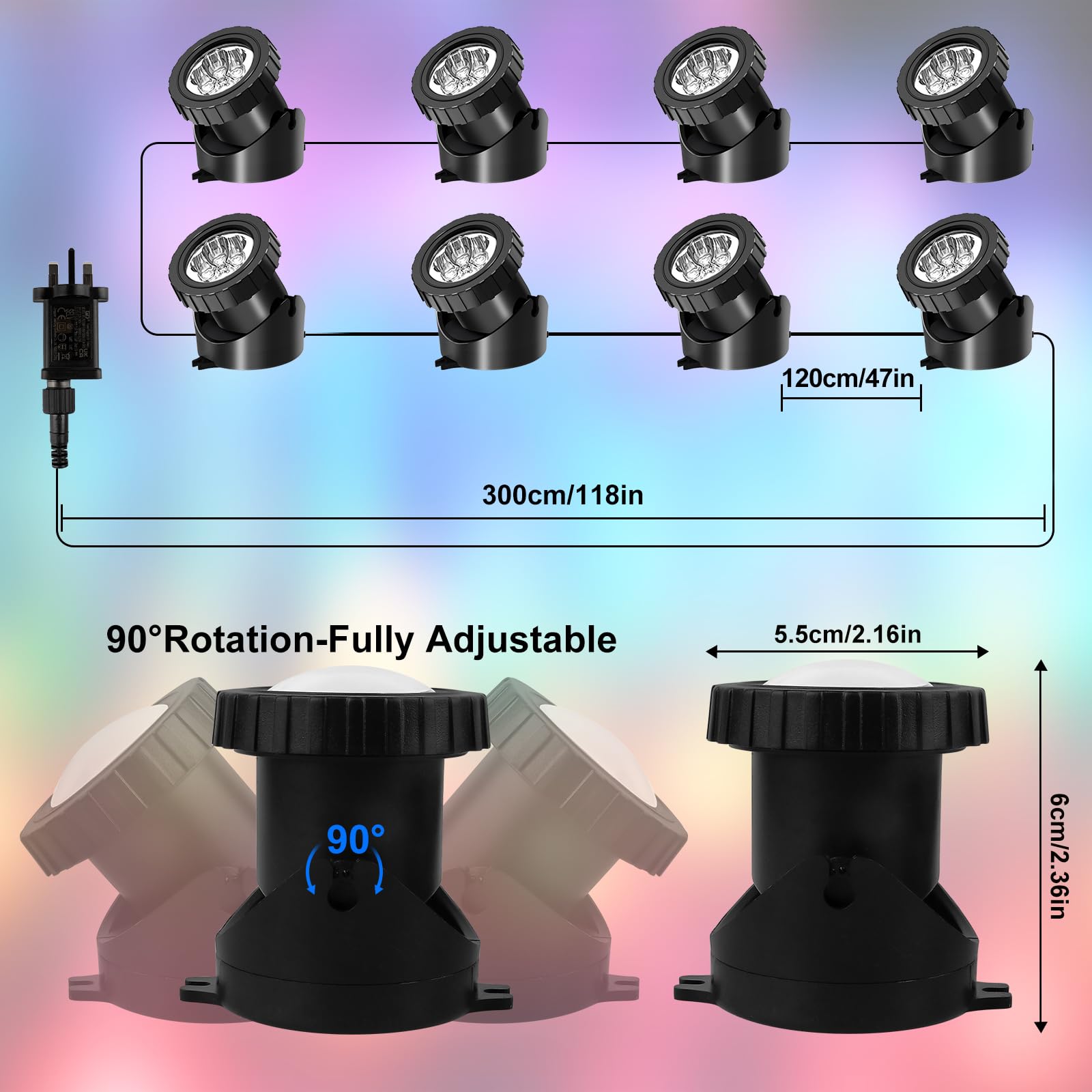 T-SUNUS Lumières LED Submersible RGB, Projecteurs Lampe Spot APP Contrôlable avec Télécommandes IP68 Étanche Lampe Piscine pour Jardin Piscine Étang 8 en 1