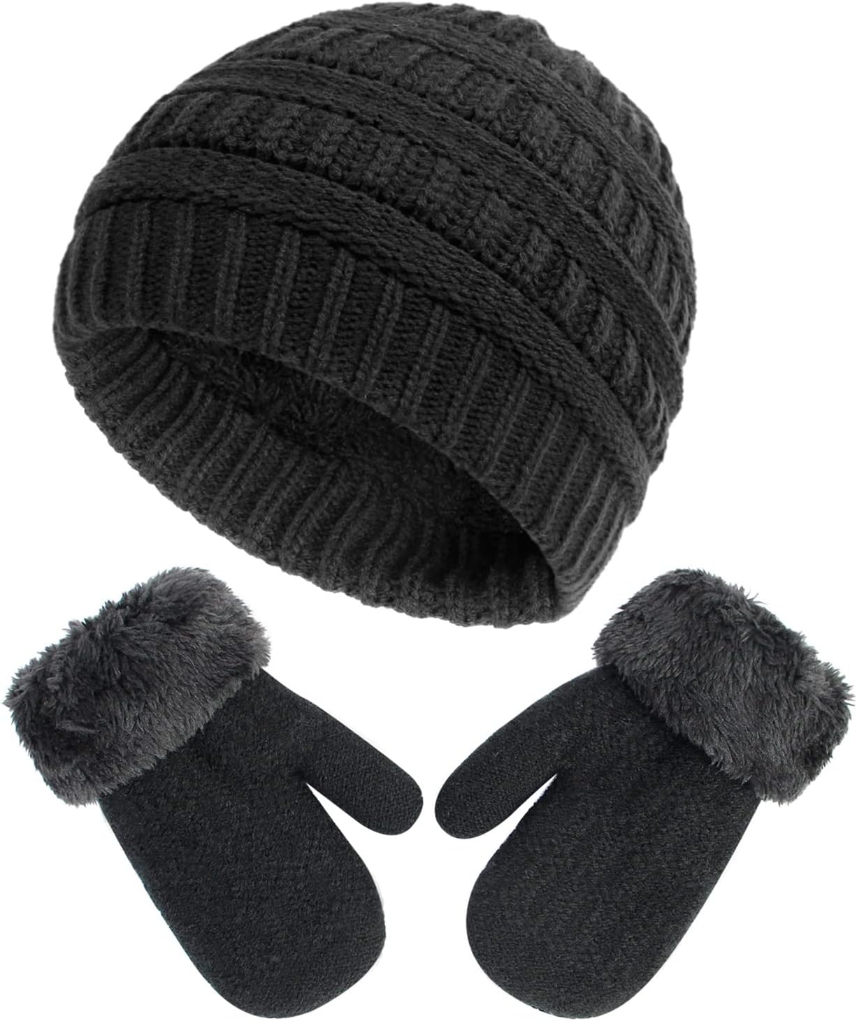 Toddler Winter Hat with Mittens Set - Baby Kids Warm Fleece Knit Beanie Hat & Thick Gloves Skiing Cap for Boys Girls