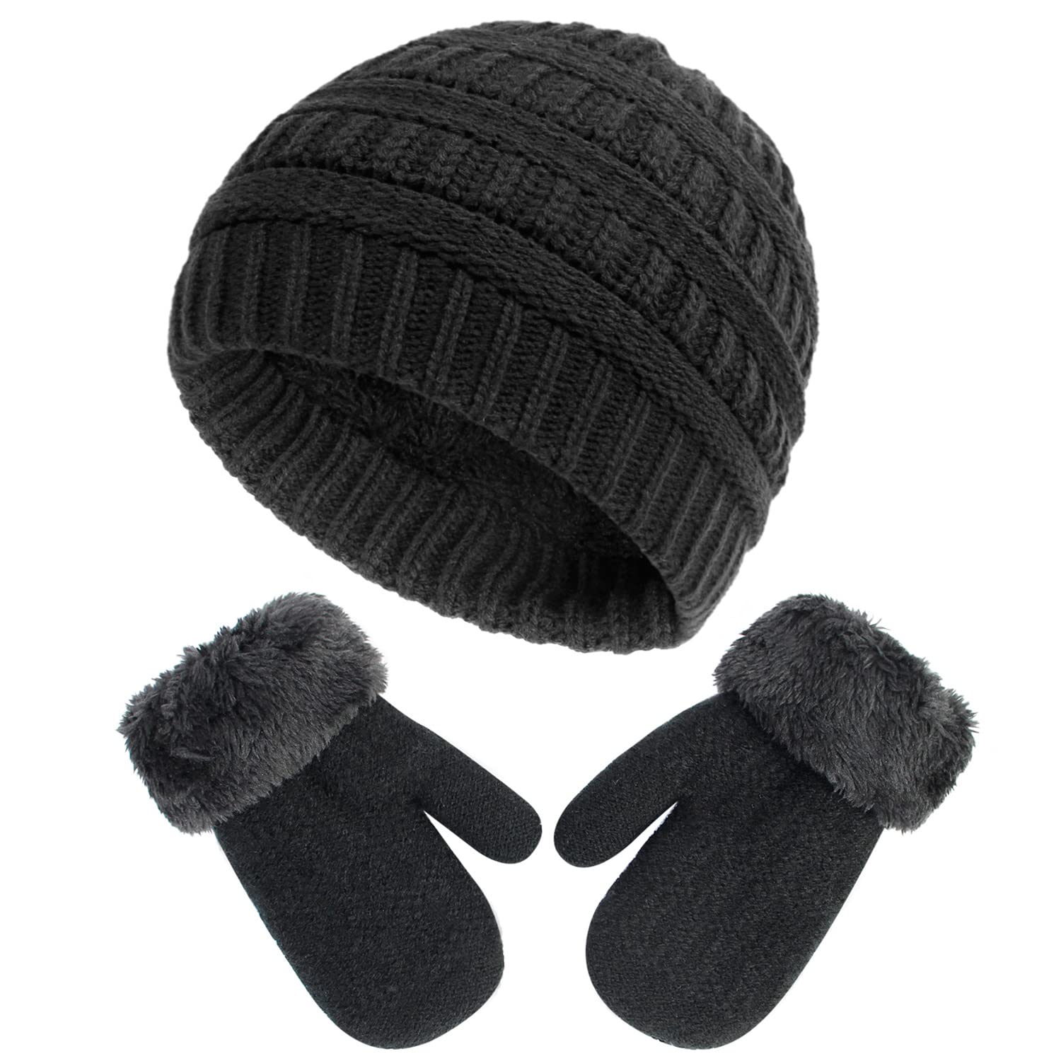 Toddler Winter Hat with Mittens Set - Baby Kids Warm Fleece Knit Beanie Hat & Thick Gloves Skiing Cap for Boys Girls