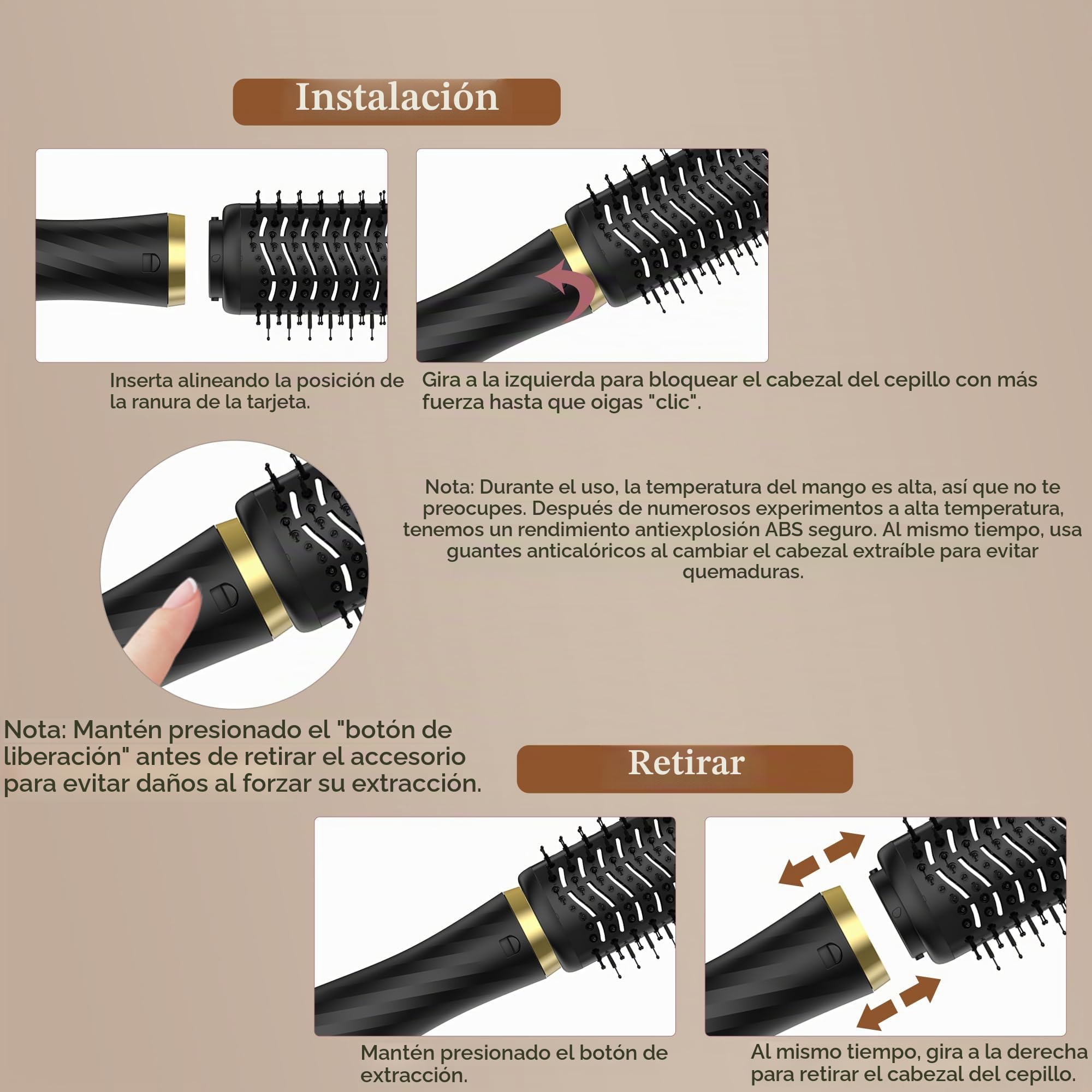 Secador de Pelo Profesional - 6 en 1 Cepillo de Aire Caliente con Rizador Automático, Thermal Brush, Secado Rápido, Moldeador Pelo Voluminizador para Rizador Alisar Volumen (Negro)