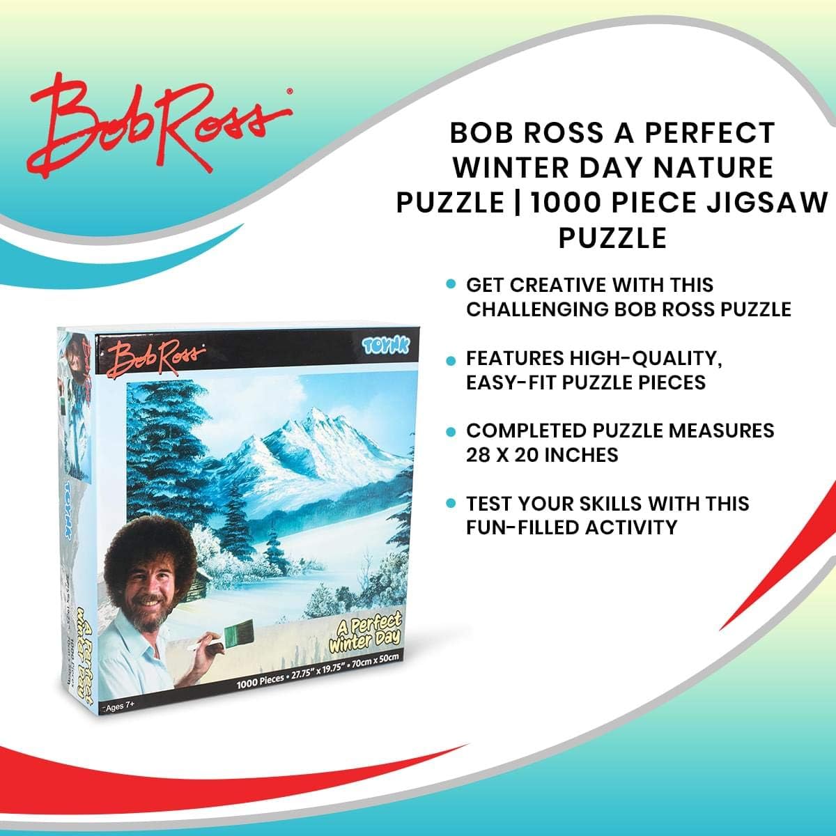 Bob Ross A Perfect Winter Day Nature Puzzle for Adults and Kids | Snowy Mountain 1000 Piece Jigsaw Puzzle Toy | Interactive Brain Teaser for Family Game Night | 28 x 20 Inches