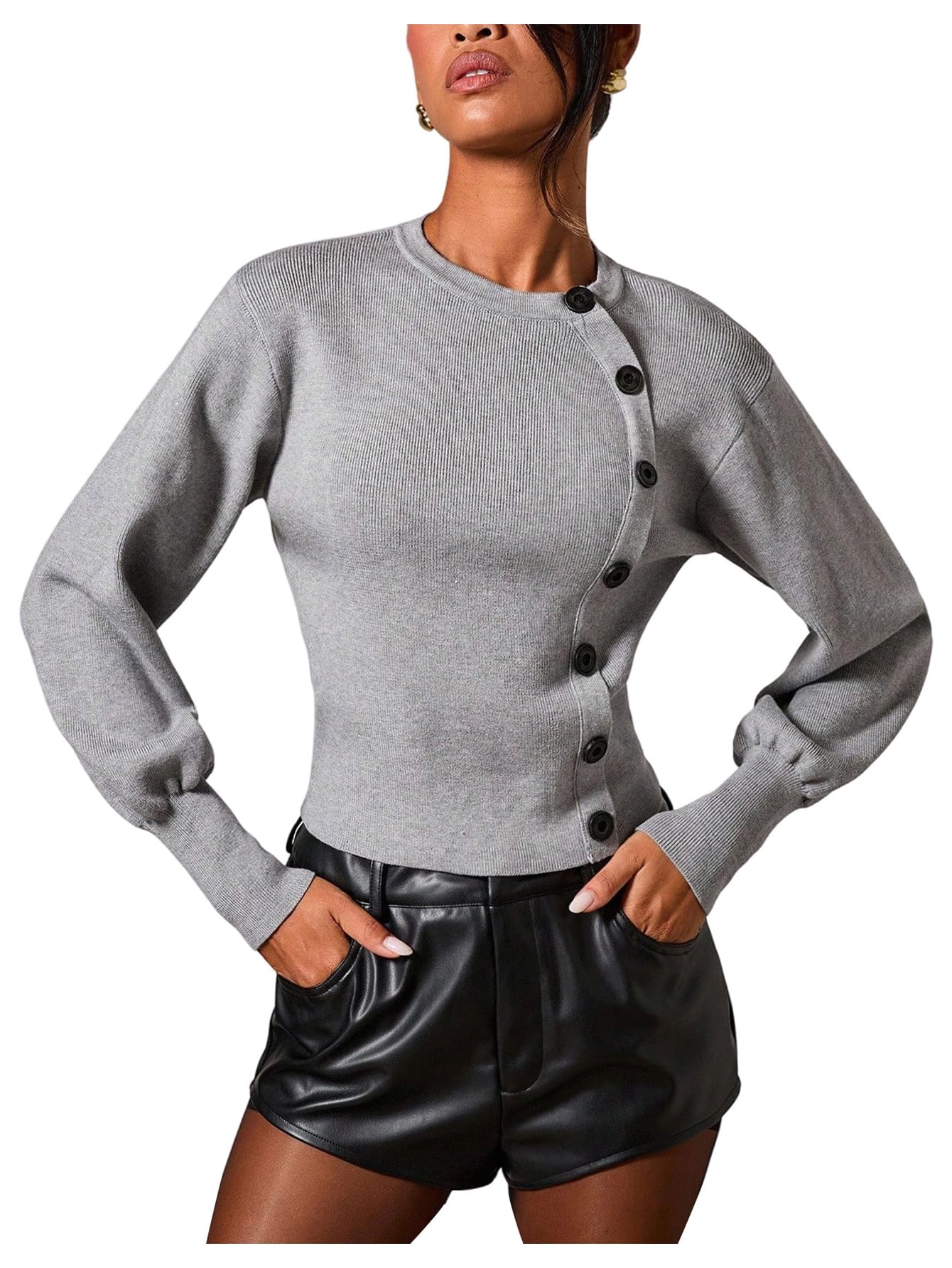 MakeMeChic Womens Y2K Winter Sweaters Crew Neck Long Sleeve Button Front Knit Tops