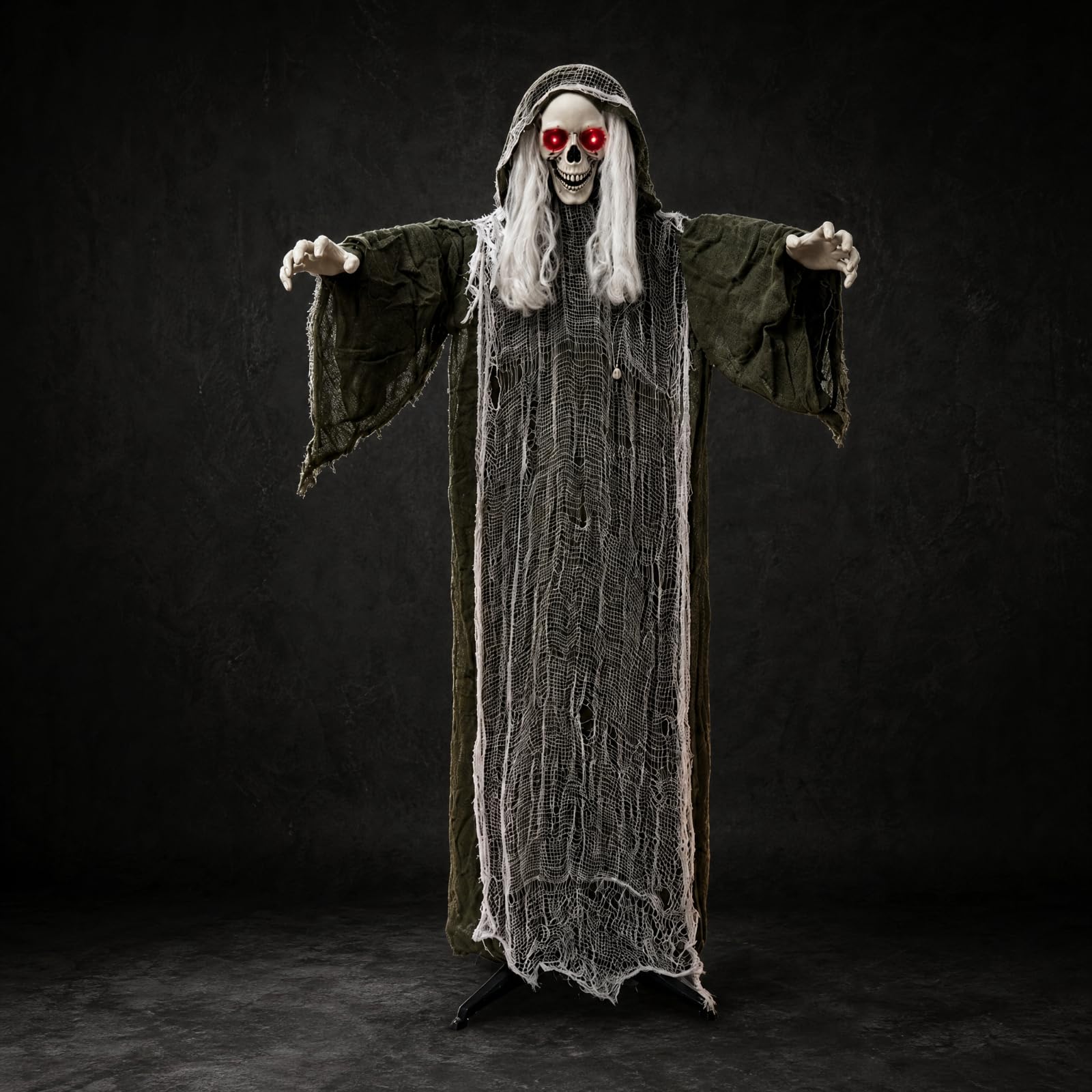 Gralara Scheletro di Halloween 165 Cm Autoportante Decorazione Scheletro con Veste Verde Acustico Ornamento Spettrale per Ingressi
