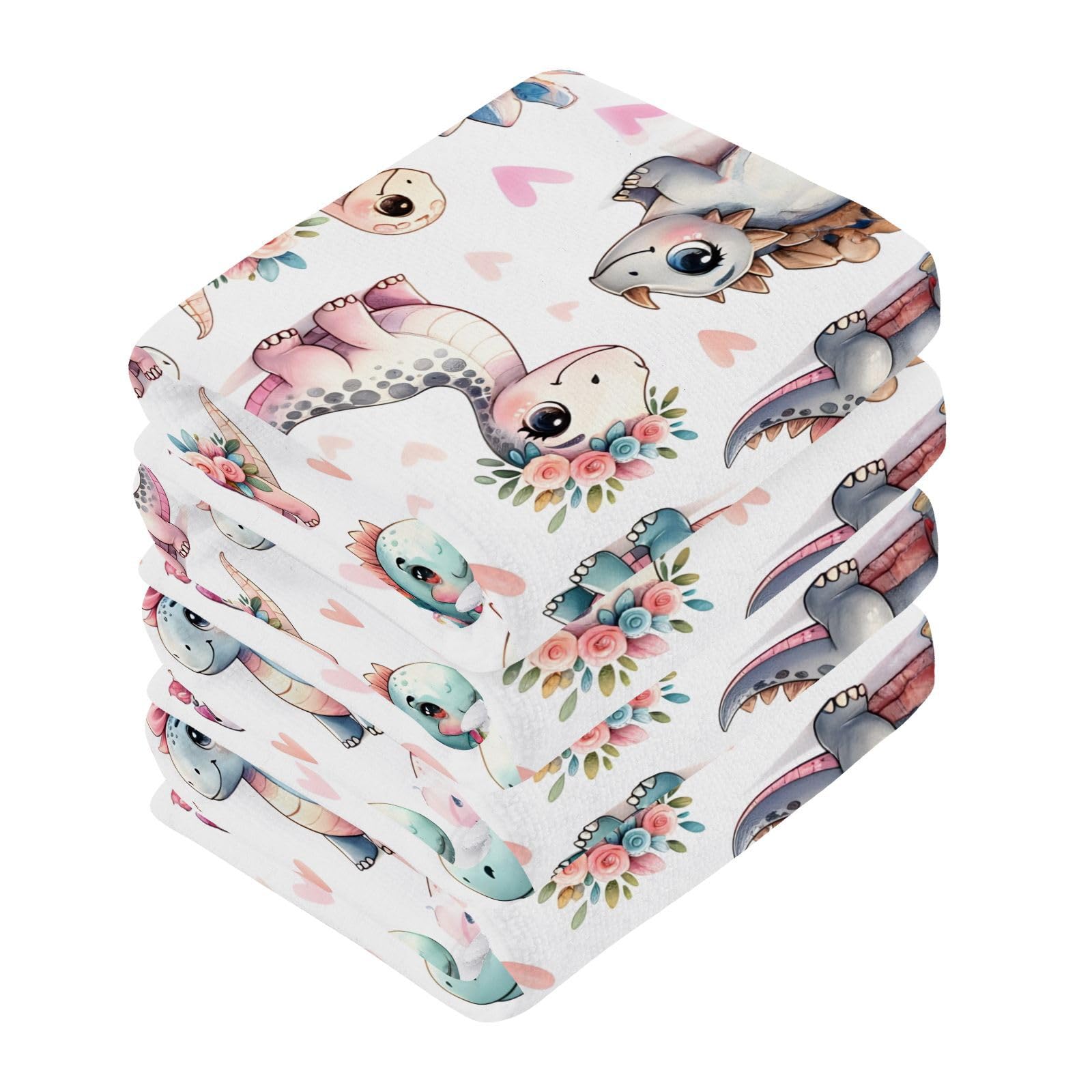 YANENDIE Cute Dinosaurs in Flowers Washcloths Towels, Highly Absorbent and Soft Cotton Face Cloths, 4 Pack Quick Dry Wash Cloths - 12 X 12 Inches