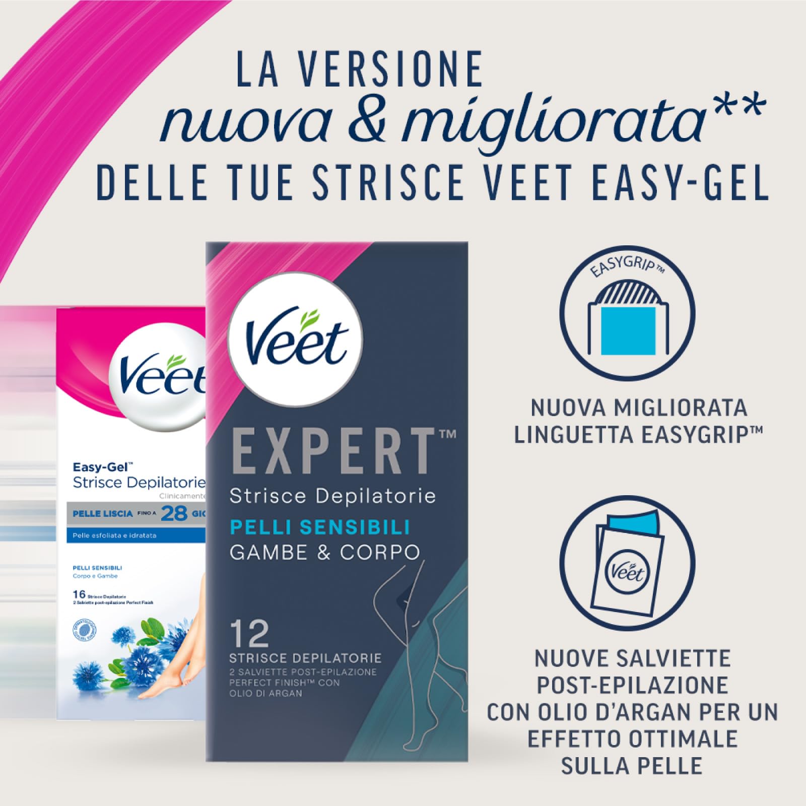 Veet Expert Strisce Depilatorie Gambe & Corpo Pelli Sensibili Formula con Olio di Mandorla Linguetta EasyGrip e Salviette Post-Epilazione Perfect Finish con Olio d'Argan - 4 Confezioni da 12 Strisce