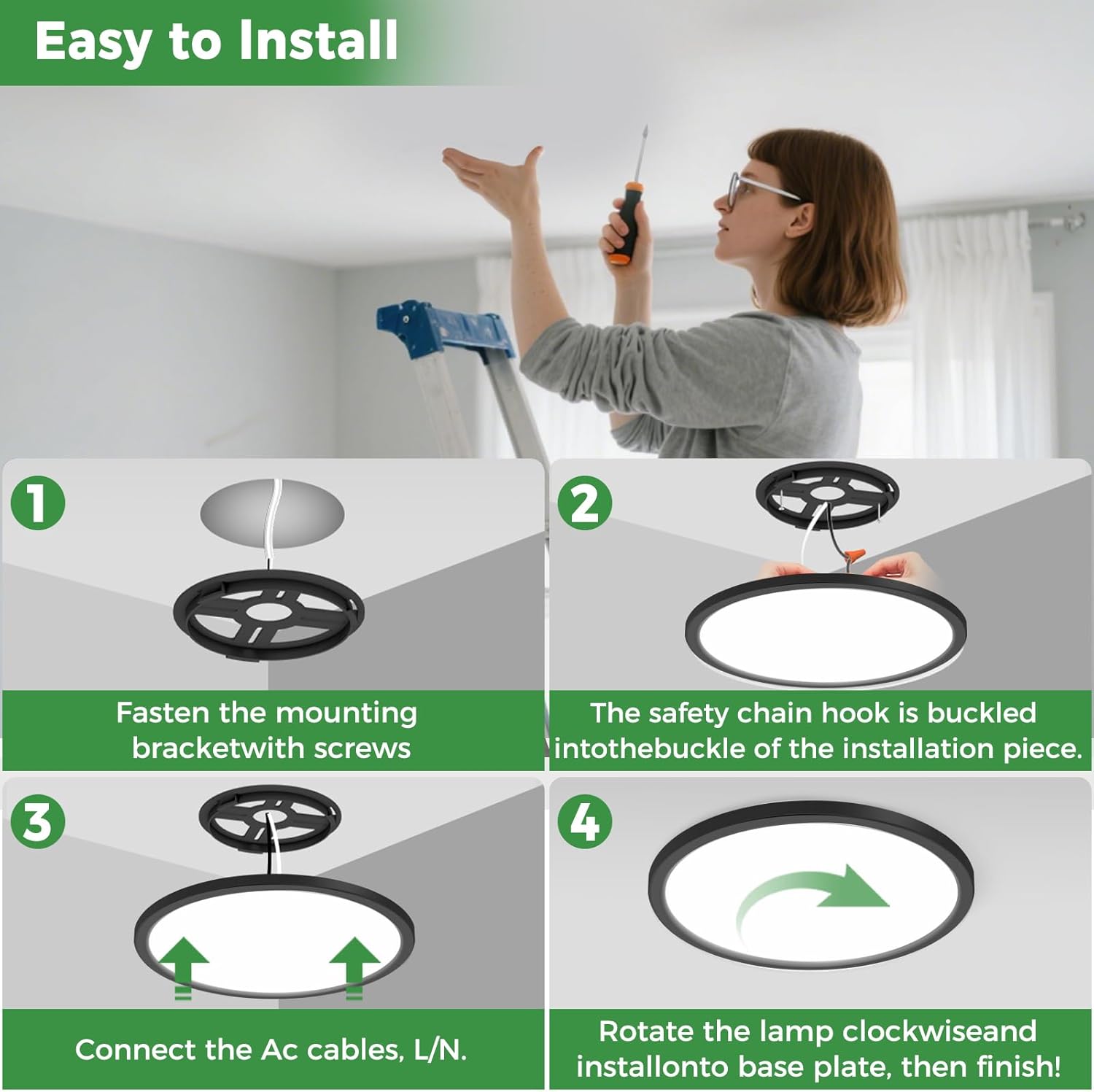 zemty 4Pack LED Flush Mount Ceiling Light, 12Inch 24W Dimmable Ceiling Lights Fixture, 5 Color Temperatures (3000K-6500K) Black Round Ceiling Lamp for Bedroom, Kitchen, Hallway,Bathroom - Image 6