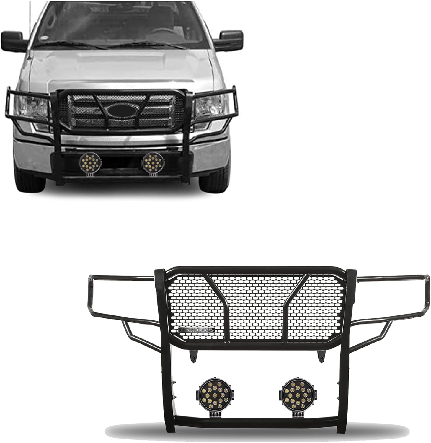 Black Horse Rugged Heavy Duty Grille Brush Bumper Guard Modular Black Come with Pair of 7.0" Dia.LED Lights with Black Trim Rings Compatible with 2009-2014 Ford F-150-RU-FOF109-B-PLB
