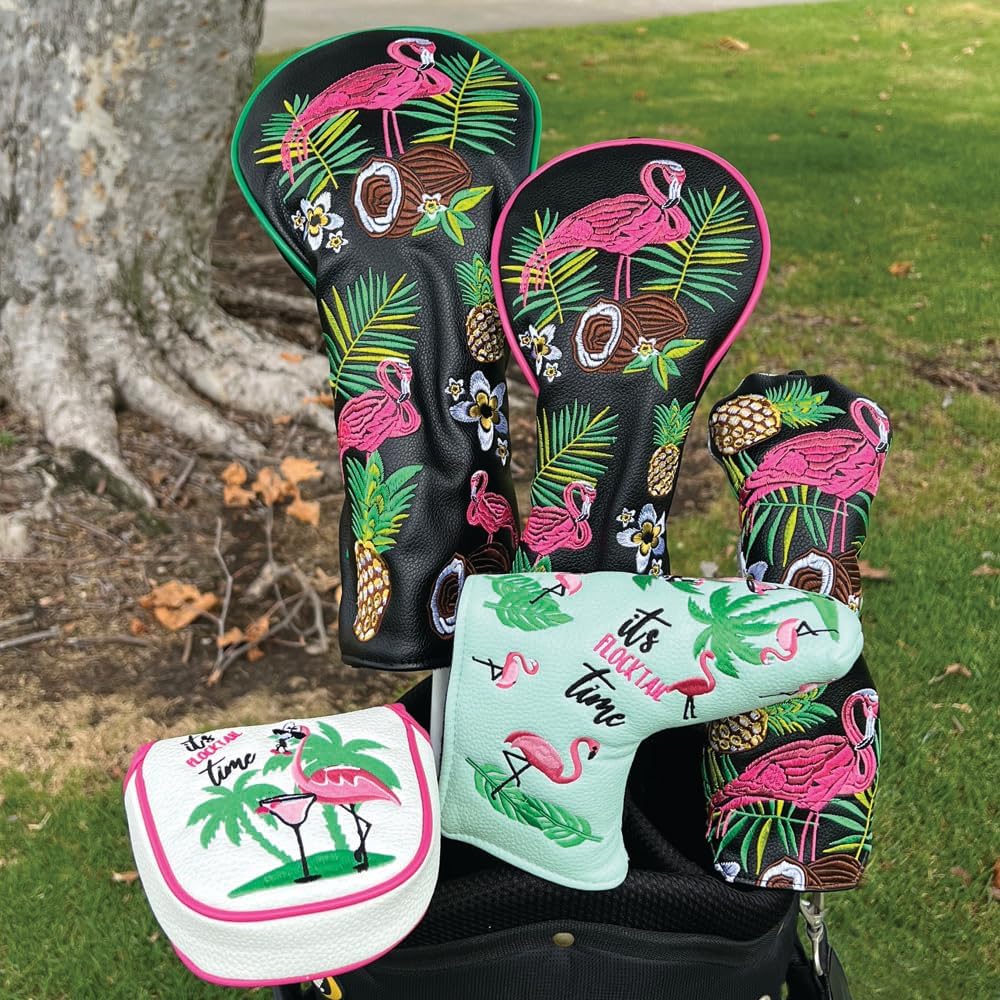 Giggle Golf Flamingo Golf Head Covers – Driver, Fairway, Hybrid & Putter – Tropical Black Flamingo Design - Great Gift