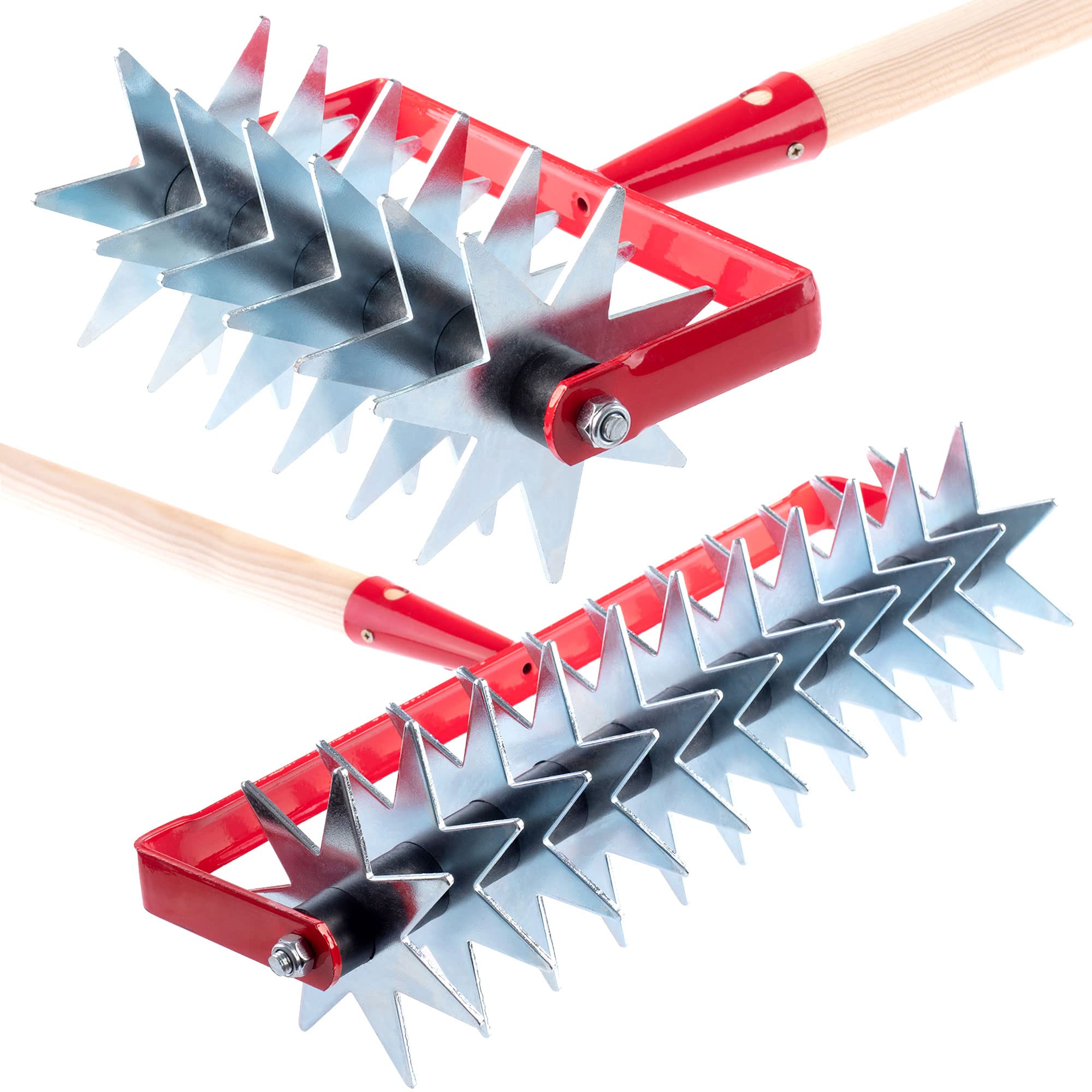 KADAX Sternfräse, Gartenfräse aus Metall, Krümler zum Lockern des Bodens, Kultivator für Garten, Rasen, Unkraut, Rollhacke, Bodenkrümler, Rollkultivator, Bodenlüfter (mit 6 Sternen, Holzstiel)