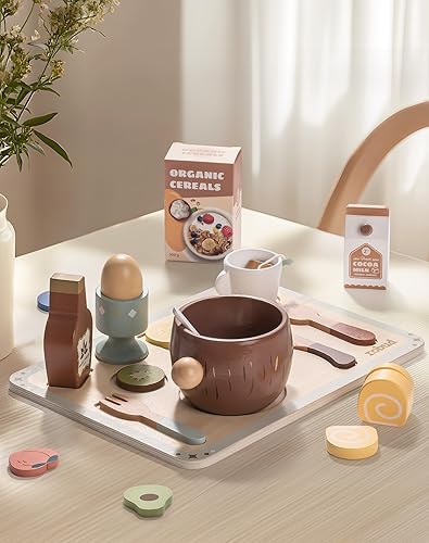 Miniatura 2 de ROBUD Juego de comida de madera de 31 piezas para niños, juguetes de cocina Montessori de avena de coco, platos educativos con accesorios para niños