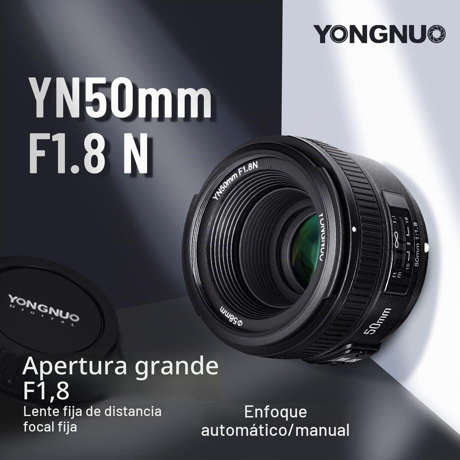 Yongnuo YN50MM - Objetivo para cámaras Nikon DSLR (f/1.8, 58 mm, AF/MF), Negro