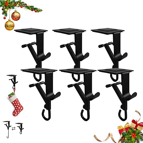 2-in-1 Adjustable Mantel Hook Set – Drill-Free Installation, Heavy-Duty Rustproof and Non-Slip Mantel Garland Hooks, Supports up to 20 lbs, Ideal for Christmas Decorations (Black*6) - Black*6