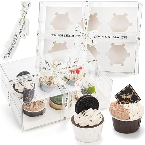 Miniatura 4 de Cedilis Paquete de 15 cajas transparentes para cupcakes, 6 recipientes para cupcakes con cinta de regalo, soporte de plástico para cupcakes para