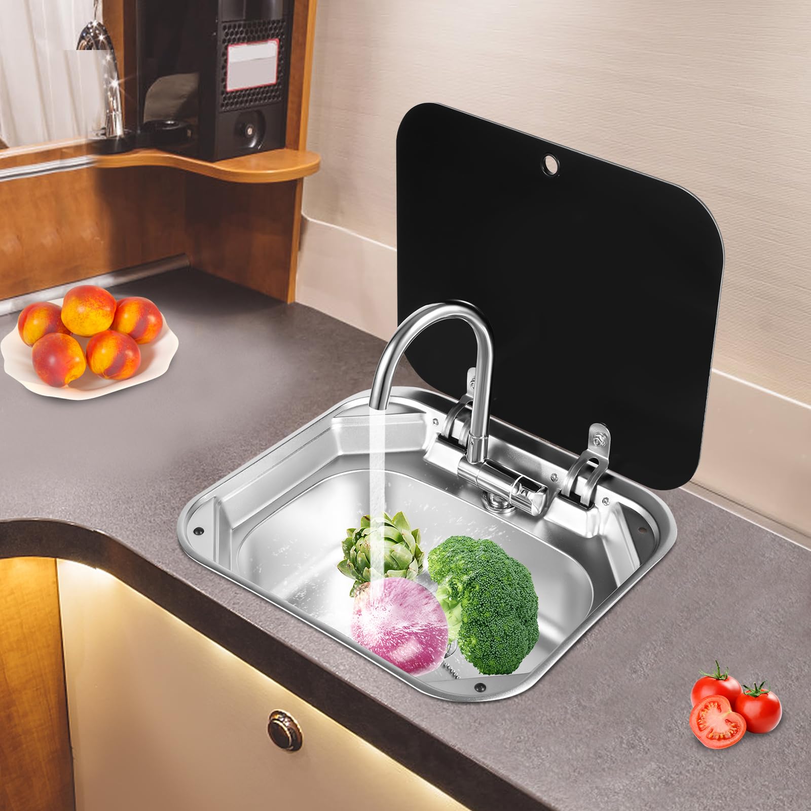 RV Camping Spüle Bausatz Caravana Waschbecken Set Edelstahl Spülbecken Camping Wohnmobil Reisemobil Spüle mit Wasserhahn Ablaufrohr Kaltwasserrohr Warmwasserrohr für Wohnmobil