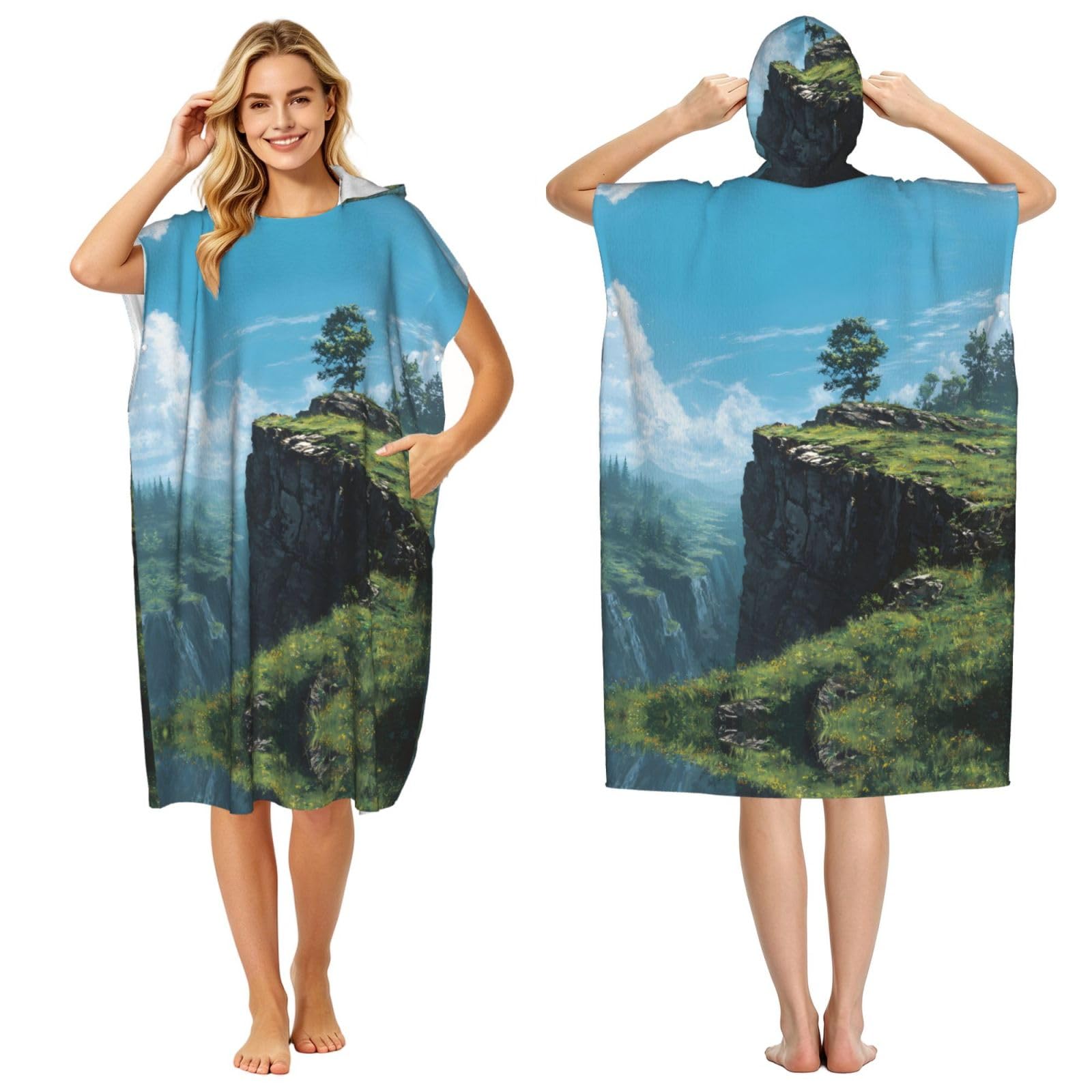 ESNAIUVCD Cliff Print Changing Robe, Hooded Towel Poncho For Swimming Pool, Beach,Quick Dry & Light Weight Towelling Poncho For Adults Women Men