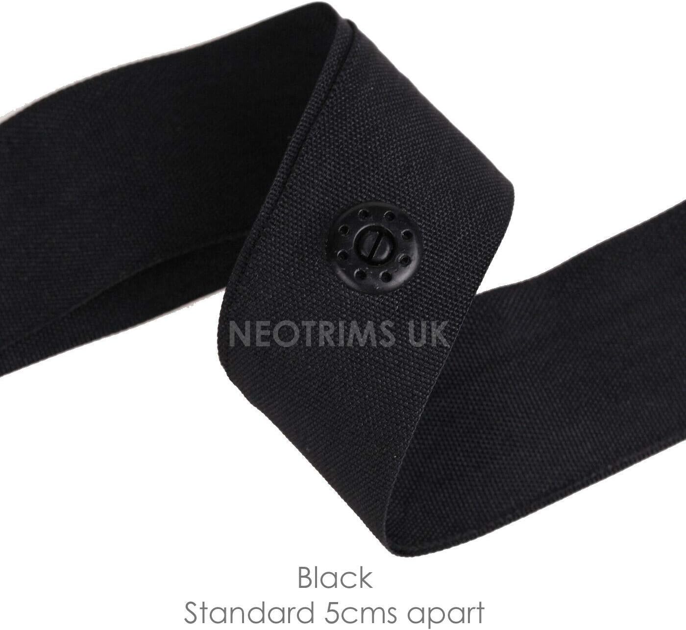 Snap Popper Tape Fasten Ribbon,Press Fastening Studs Trim, Spacing Gap 5cm Apart, Duvets,Curtains,Baby,Apparel.Washable & High Strength Plastic Snaps,which Don't Rust! Neotrims UK. Black 25 Yards