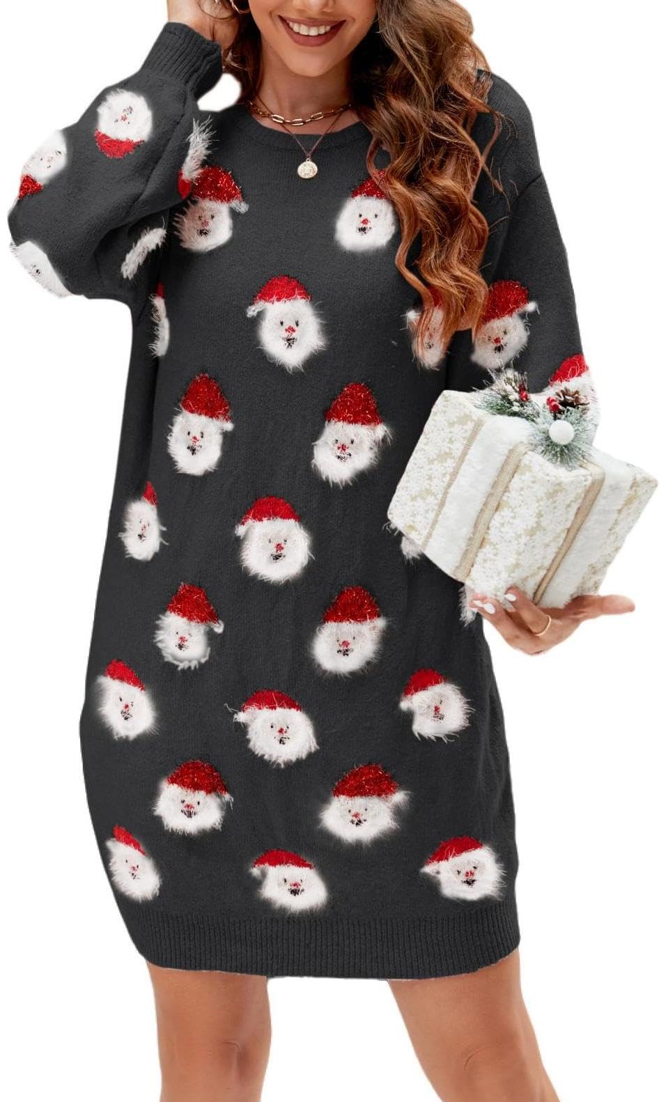 LUBOT Ugly Christmas Sweaters Dress for Women Cute Fuzzy Funny Wintertime and Holiday Parties Knitted Pullover Sweater Santa