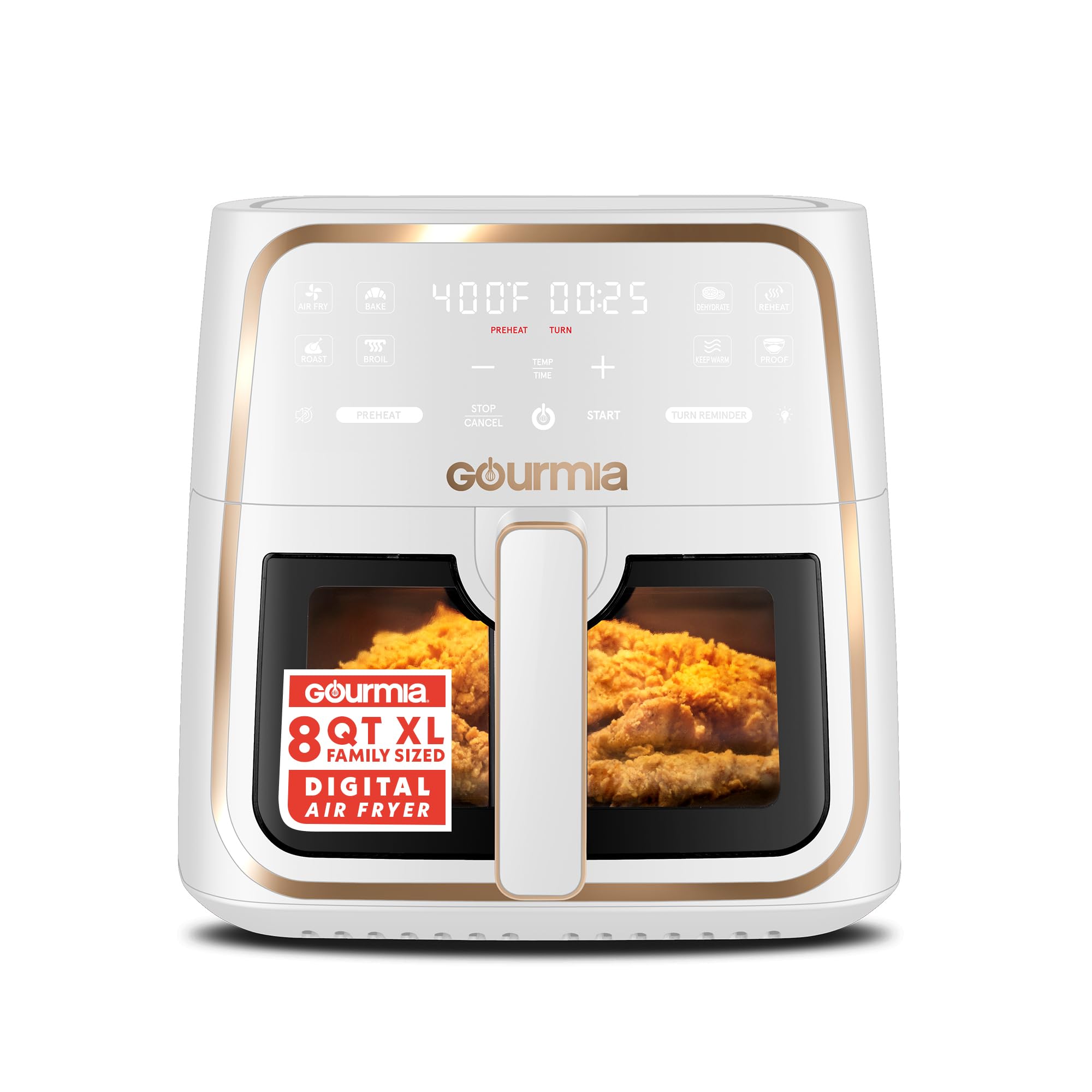 gourmia 8 qt air fryer, 8 presets with digital display, fryforce 360° technology, easy view window & interior light, dishwasher safe basket, white