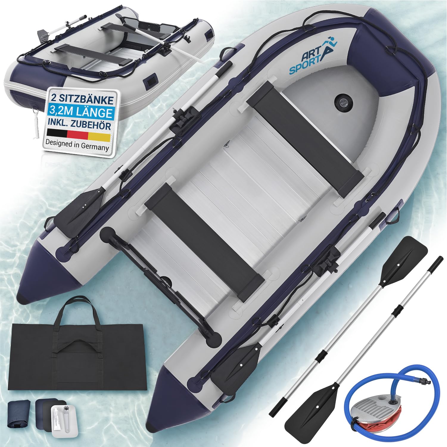 ArtSport Schlauchboot 3,20 m für 4 Personen mit 2 Sitzbänke & Aluboden - Paddelboot mit Paddel, Pumpe, Tasche & Reparaturset - Angelboot aufblasbar