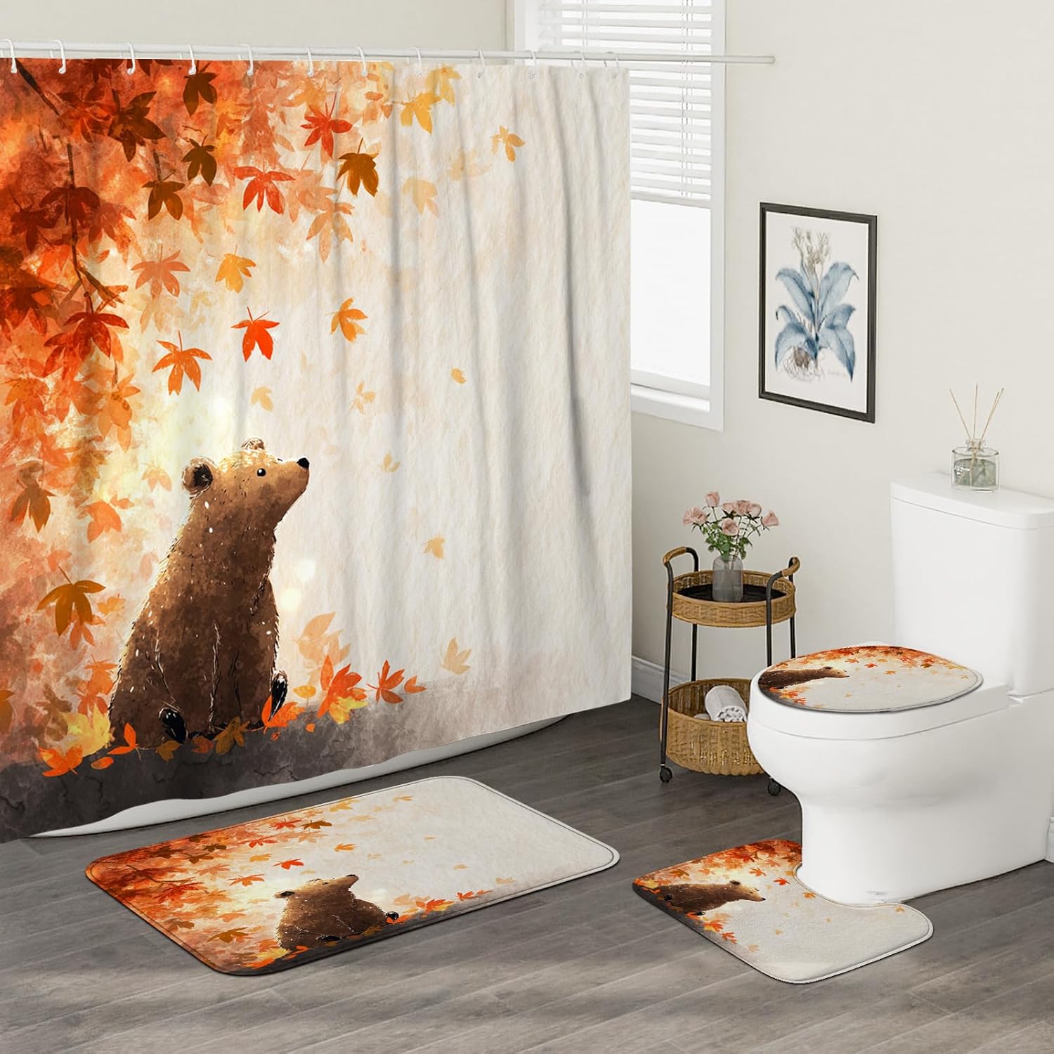 4PCS Fall Cute Cartoon Bear Bathroom Accessory Sets with Non-Slip Rug, U Shape and Toilet Lid Cover Mat, Autumn Maple Leaves Animal Bathroom Decorative-72''x72''