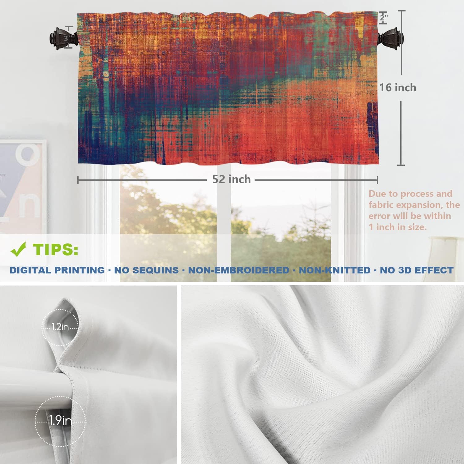 Shrahala Red Orange Old Grunge Kitchen Valances Half Window Curtain, Ancient Texture Yellow Beige Blue Red Orange Green Kitchen Valance for Window Ink Printing Valances Curtains for Decor 52x16 inch