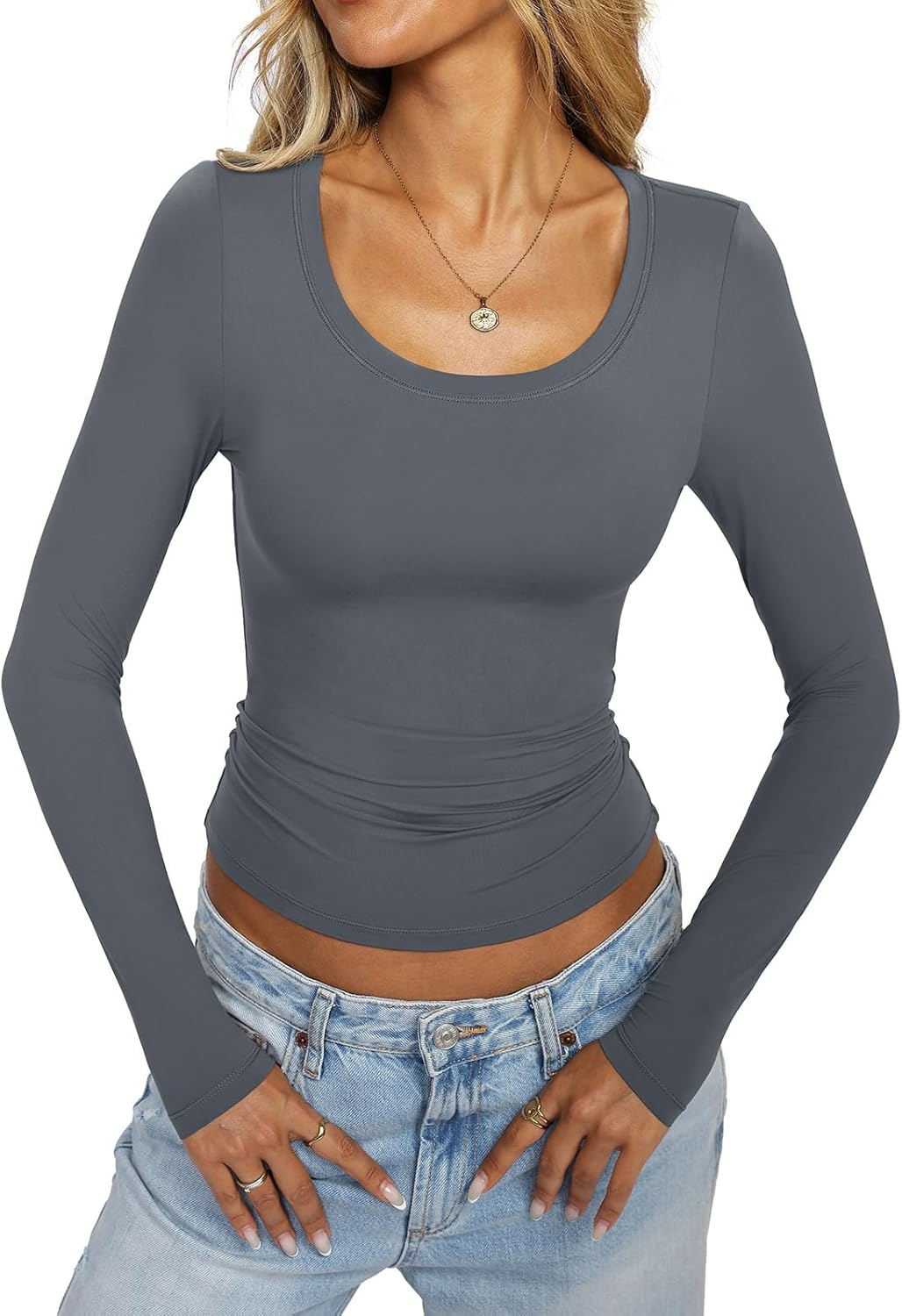 Womens Double Lined Scoop Neck Long Sleeve Shirts Fitted Basic Tee Y2k Going Out Tops Fall Clothes 2026