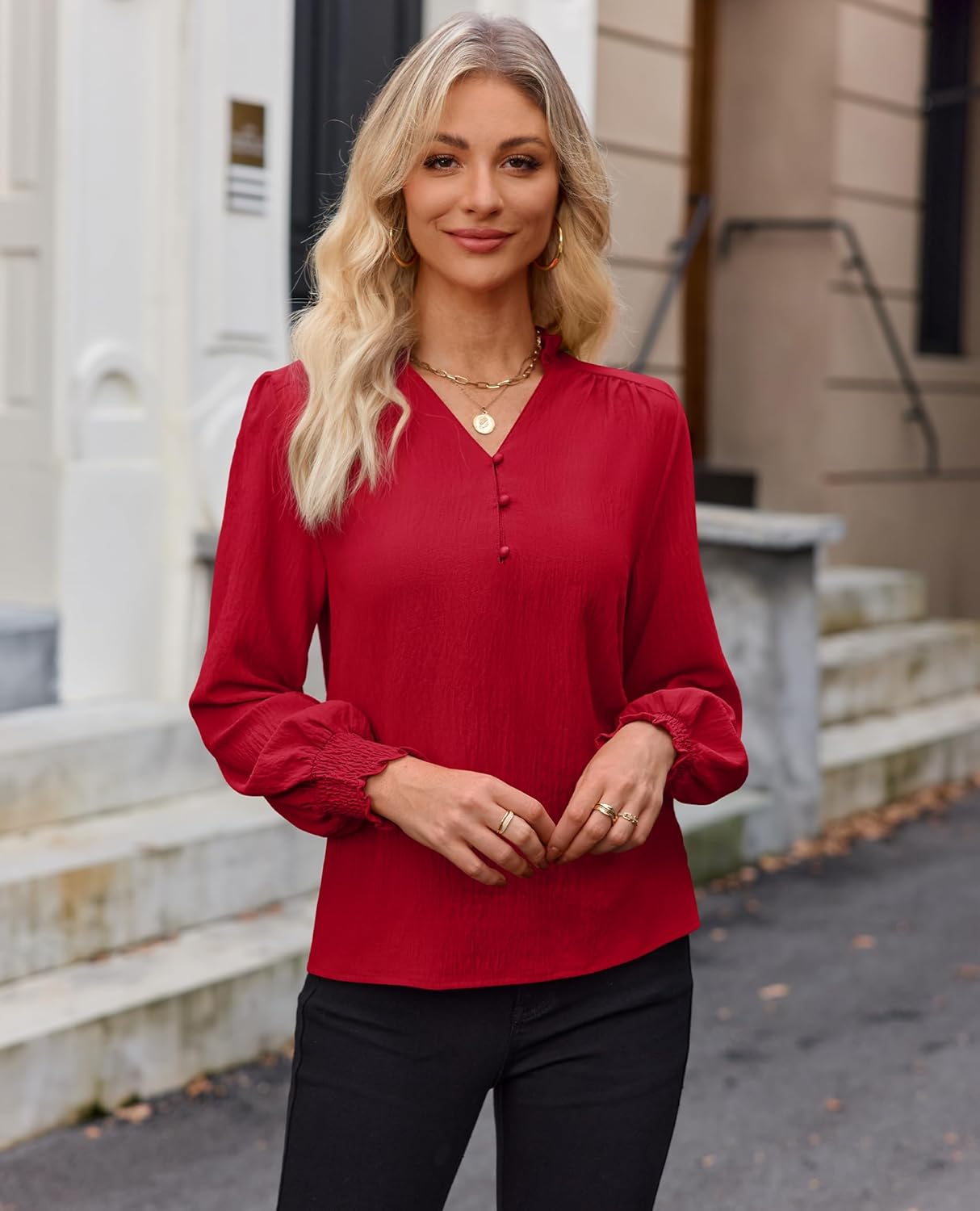 Blouses for Women Dressy Casual Long Sleeve Shirts V Neck Tunic Fall Trendy with Smocked Cuffs Business 2026 Outfits - Image 5