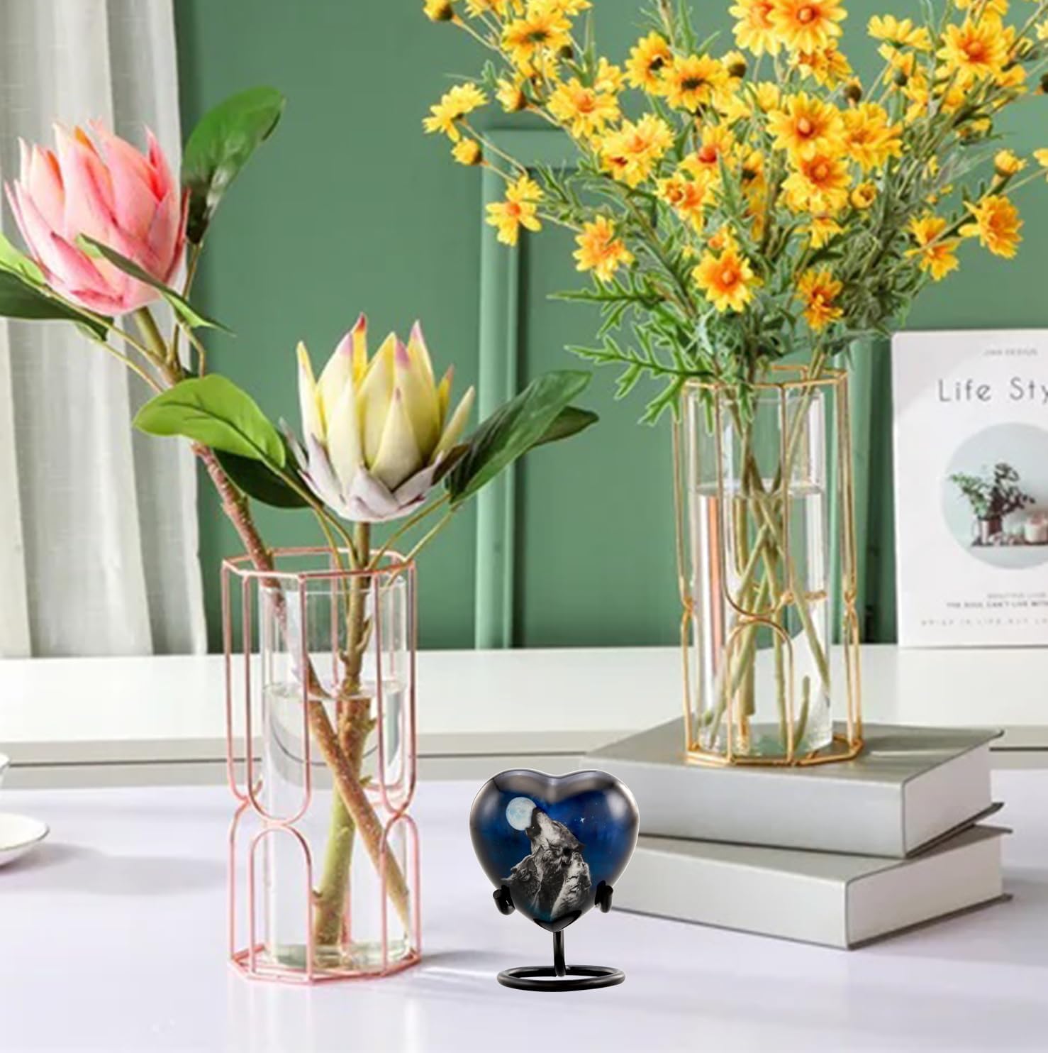 Midnight Wolves Heart Keepsake Urn – Wolf Mini Cremation Urn for Ashes – Three Wolves Howling at The Moon Memorial Heart Urn with Display Stand, Funnel & Velvet Bag (HeartKeepsake)