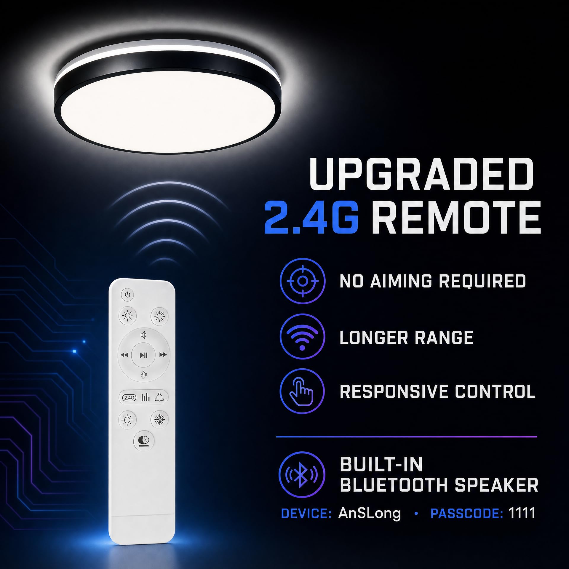 Lampa sufitowa Bluetooth 24 W z głośnikiem 30 cm, lampa sufitowa LED, muzyka i pilot zdalnego sterowania, zmiana koloru do łazienki w pokoju dziecięcym (czarna)